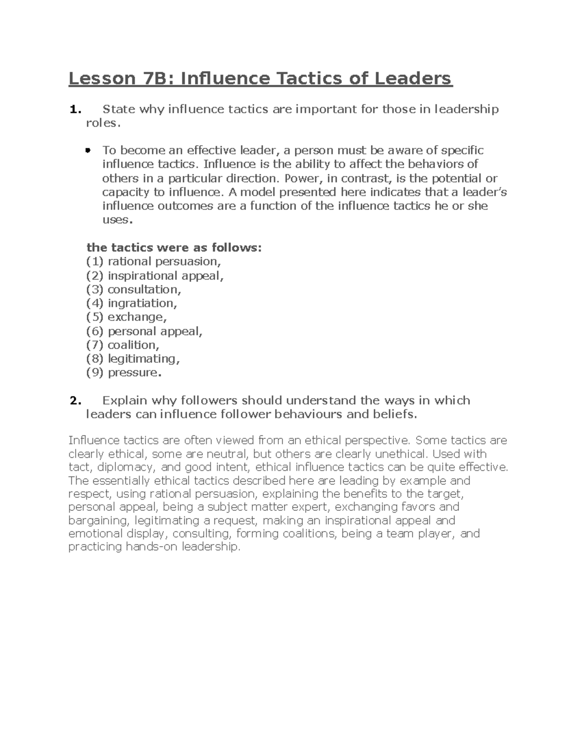 Lesson 7B - Lecture Notes 7 - Lesson 7B: Influence Tactics Of Leaders ...