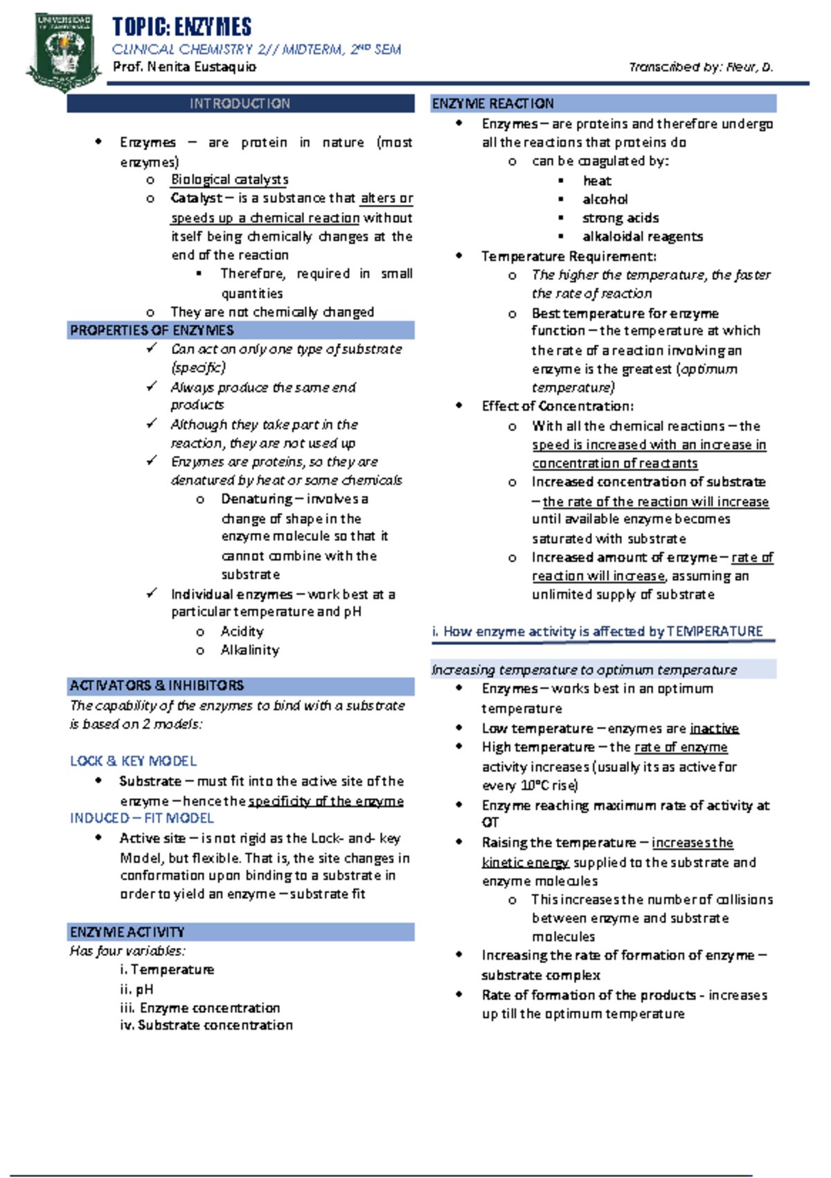 Clinical Chemistry 2 - Enzymes - CLINICAL CH EMISTRY 2 // MIDTERM, 2ND ...