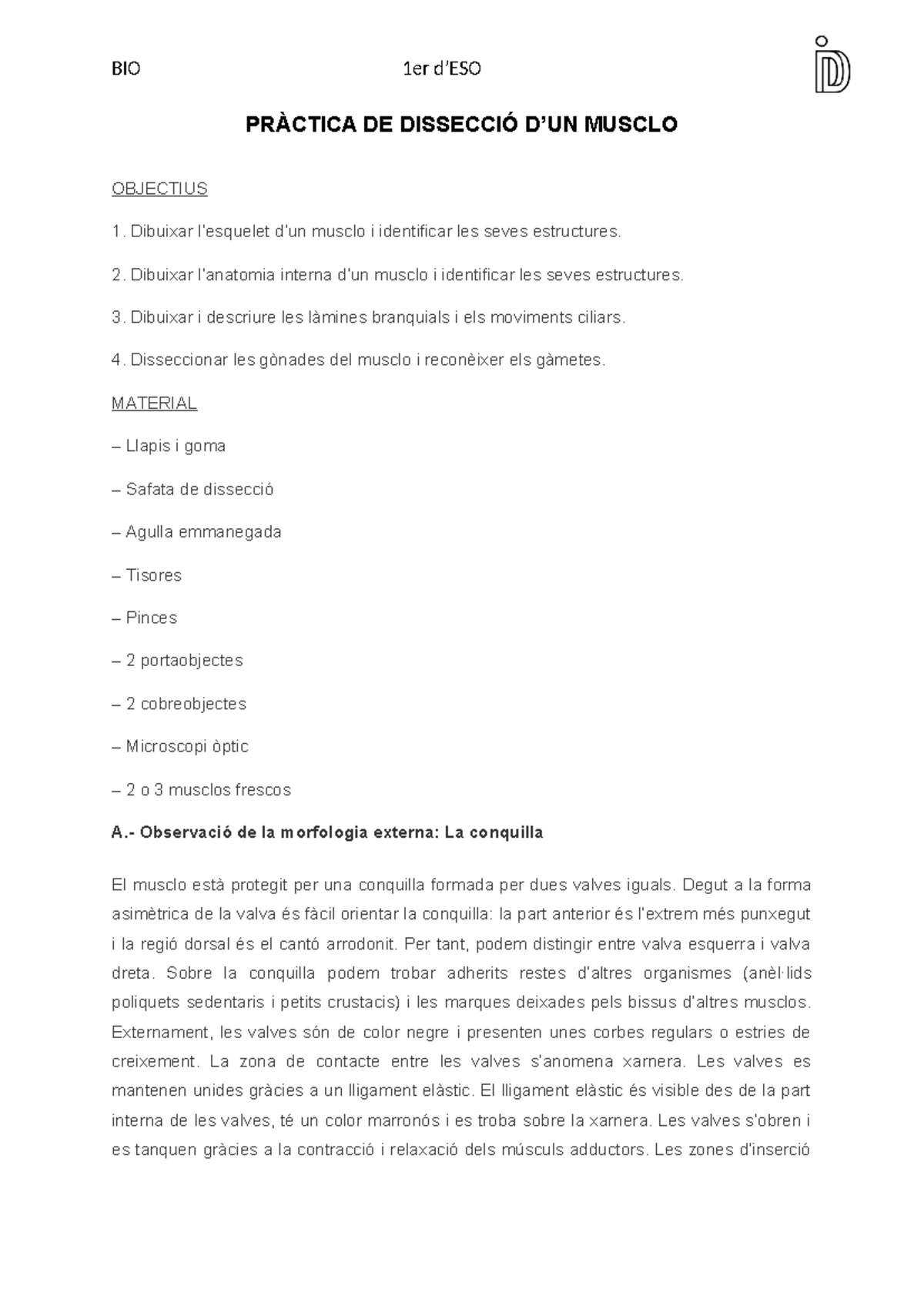 Dissecció D'UN Musclo - Pràctica - PRÀCTICA DE DISSECCIÓ D’UN MUSCLO ...