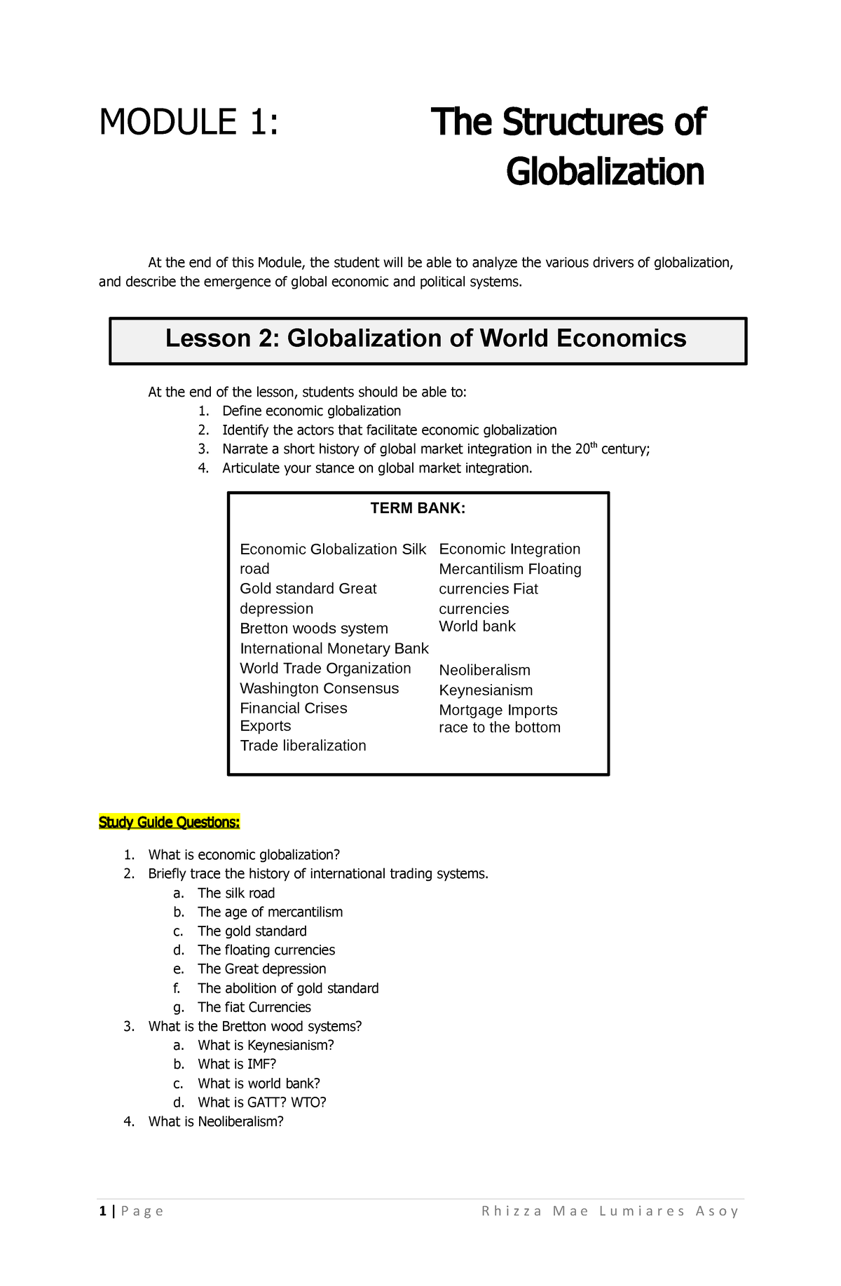 Lesson-2 - It S About The The Structures Of Globalization - TERM BANK ...