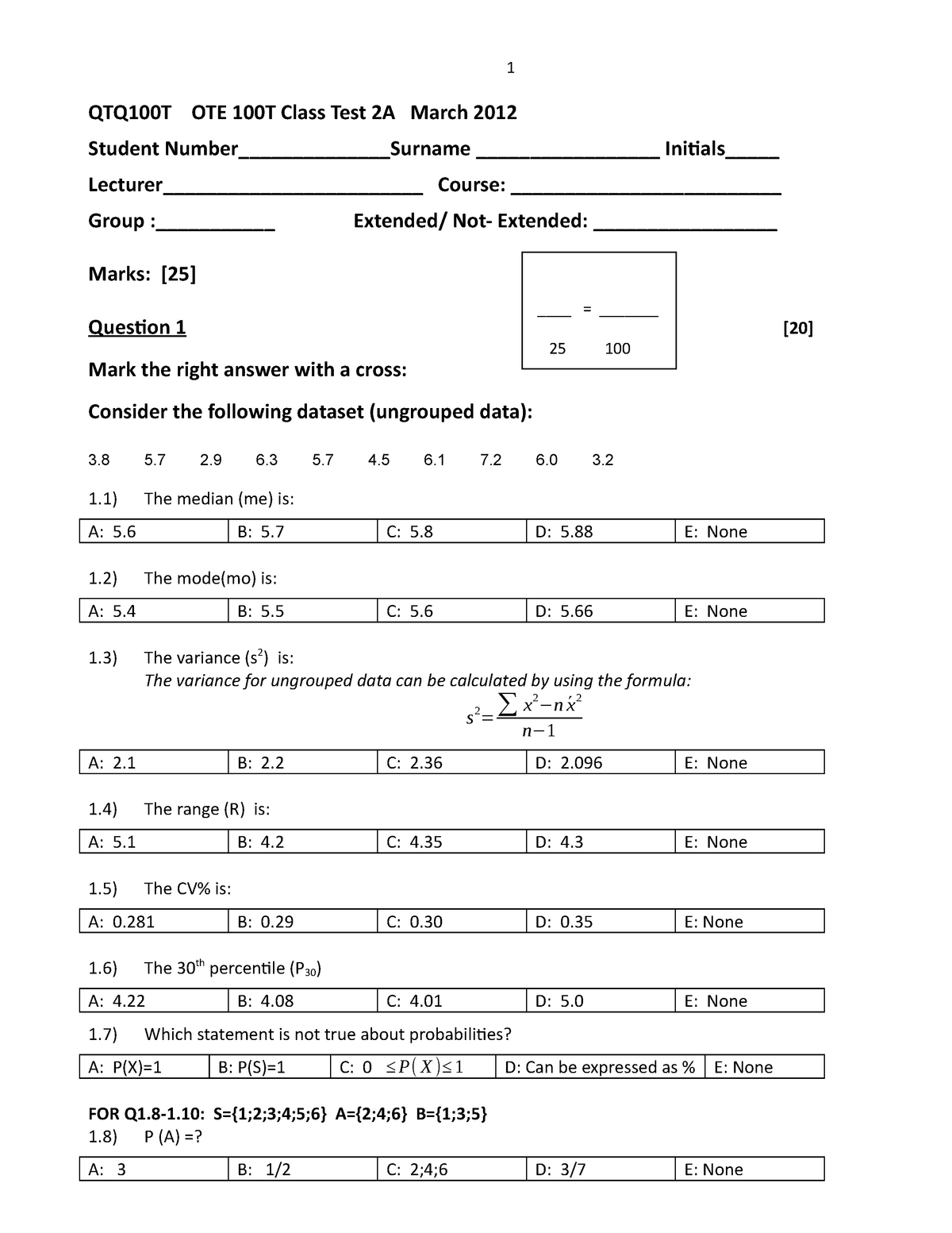 Class test 2A 2B qt 100T 2012 & MEMOs - QUANTITATIVE TECHNIQUES I Sns-Brigh10