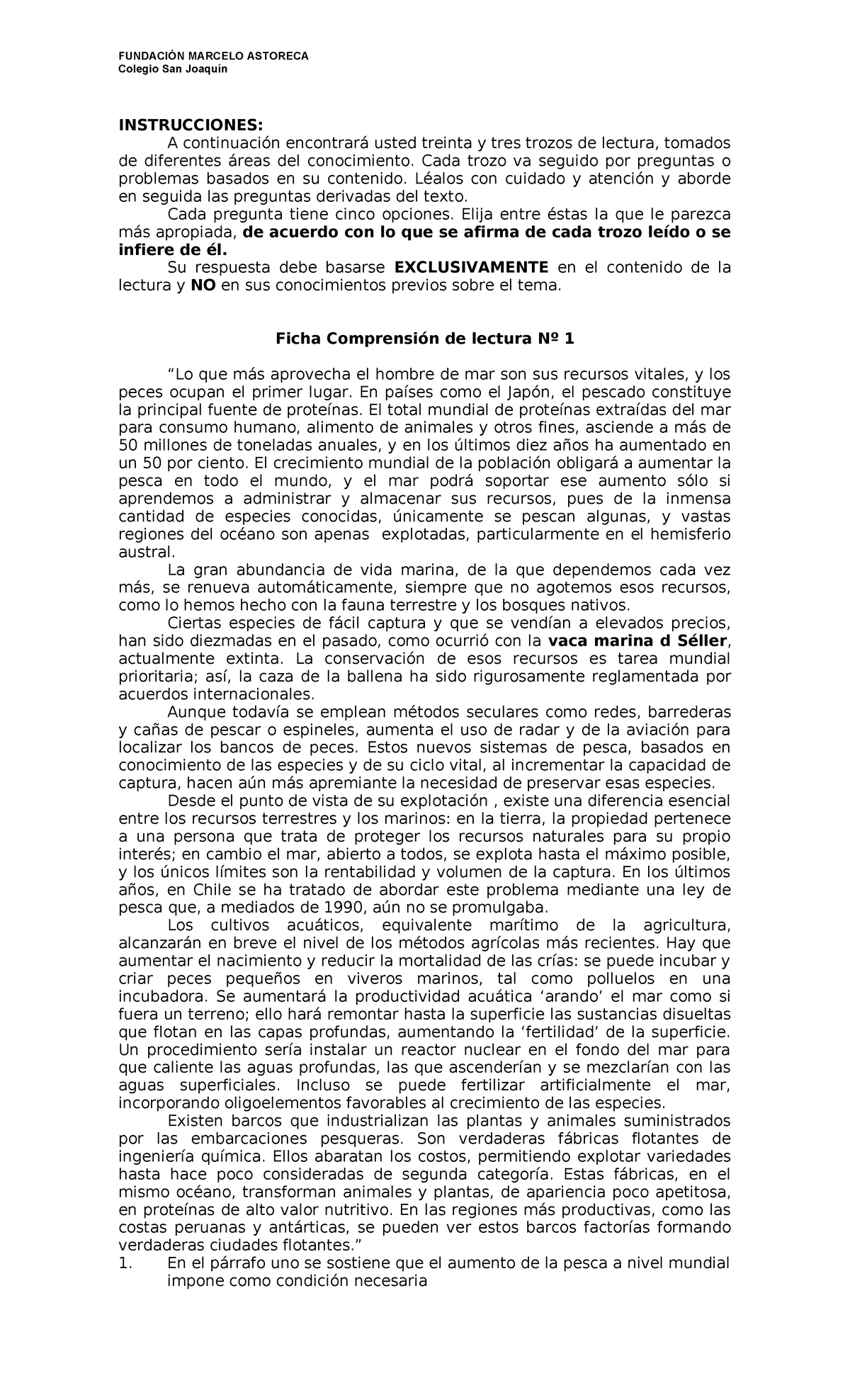 Fichas de comprension de lectura - Colegio San Joaquín INSTRUCCIONES: A ...