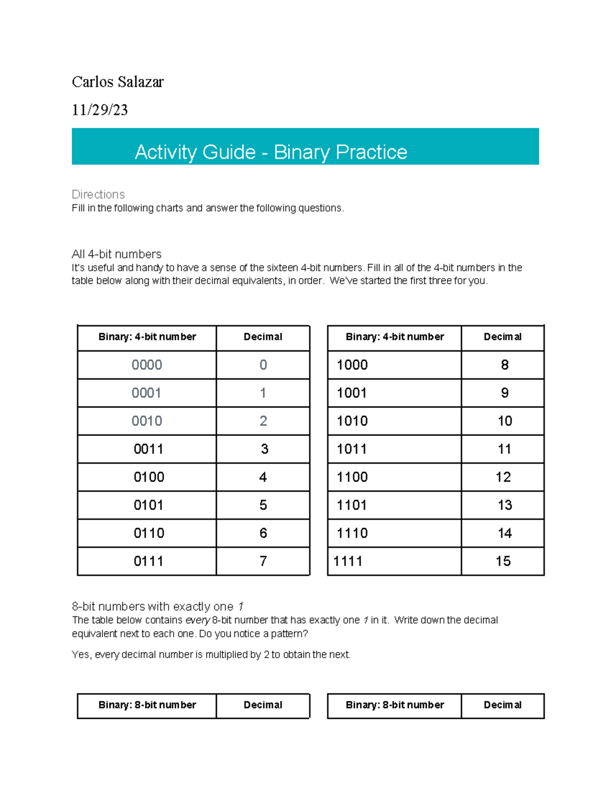 Binary Practice - Carlos Salazar 11/29/ Activity Guide - Binary ...