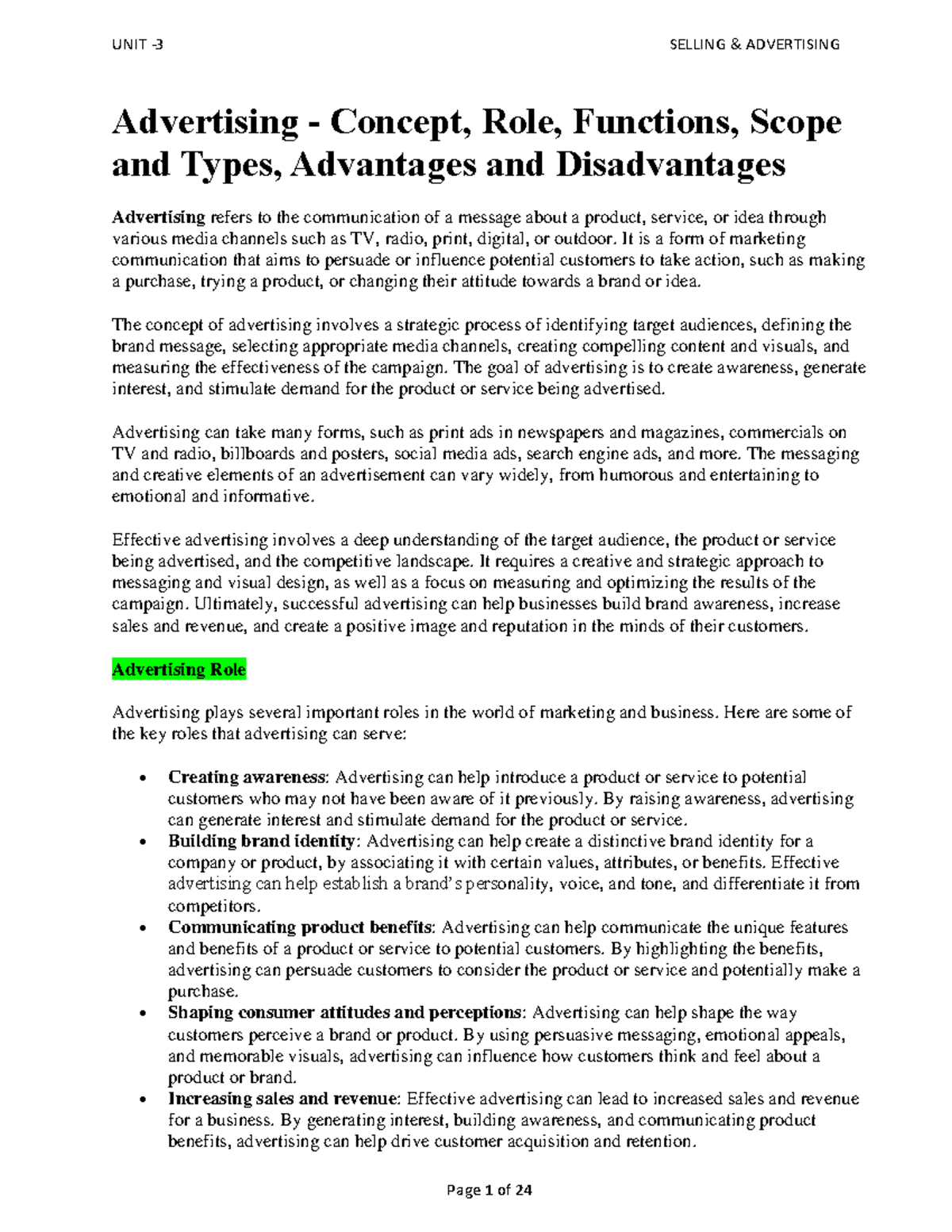 Selling and Advertising - UNIT - 3 - Advertising - Concept, Role ...