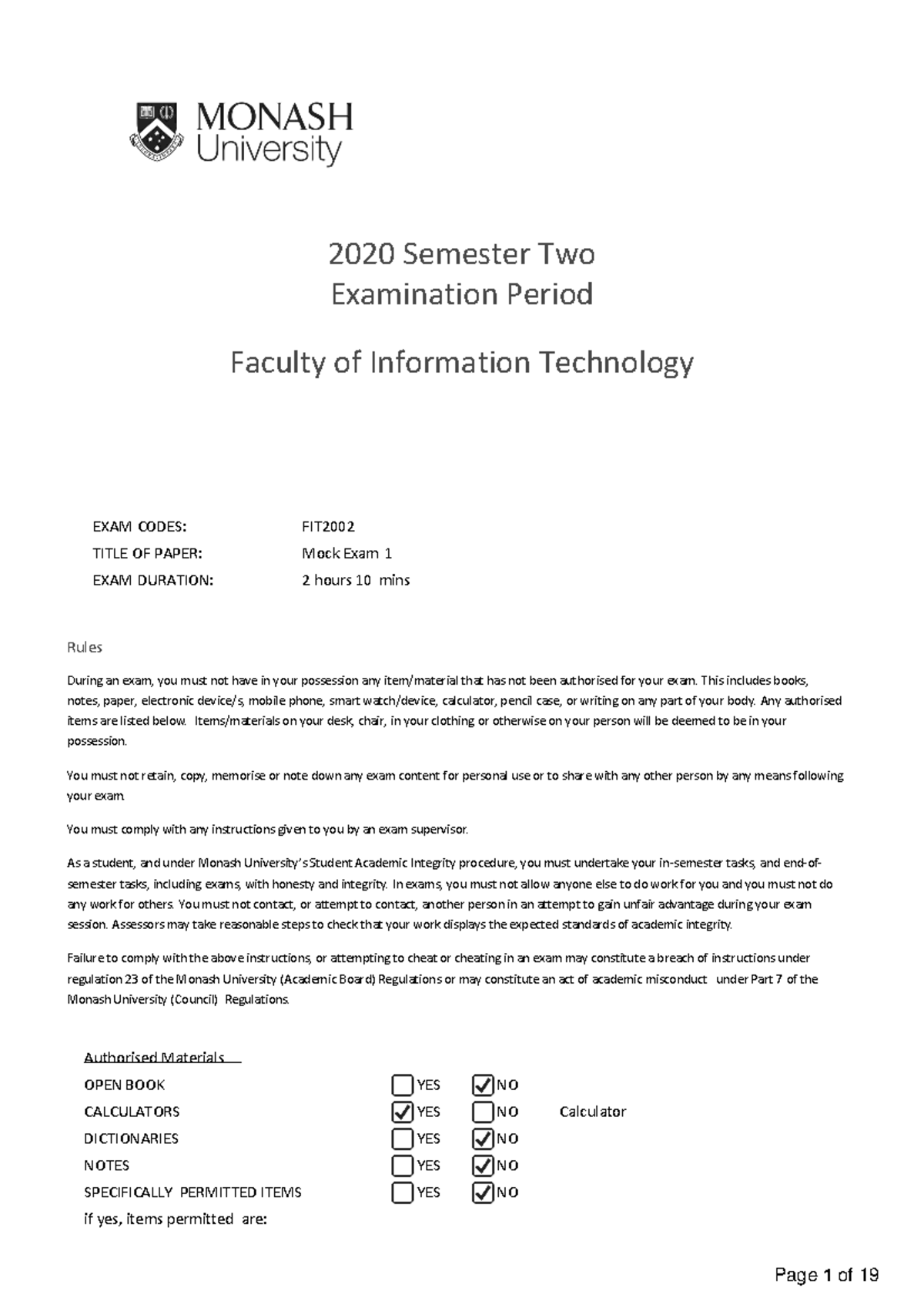 FIT2002 - Mock Sem 2 2020 Solution - 2020 Semester Two Examination ...