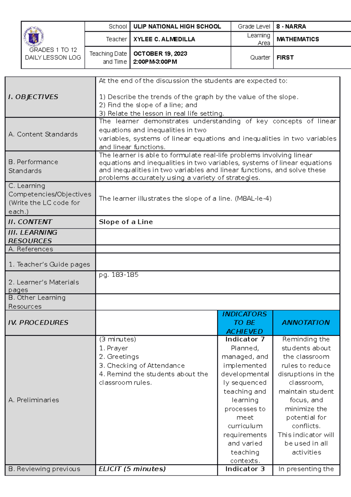 CO1 DLP 2023-24 1st quarter - GRADES 1 TO 12 DAILY LESSON LOG School ...