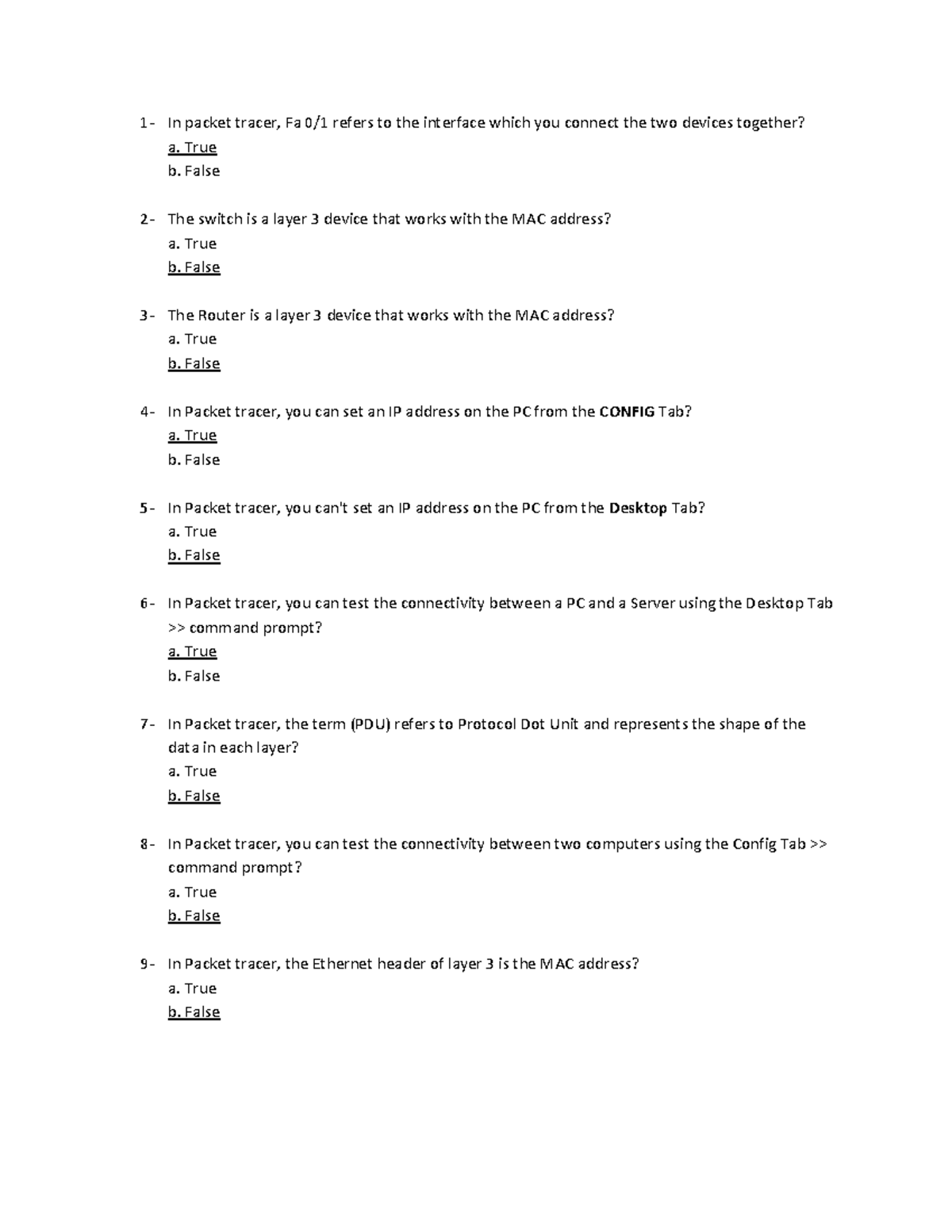 Networks Sheet Network Final Exam 1 In packet tracer, Fa 0/1