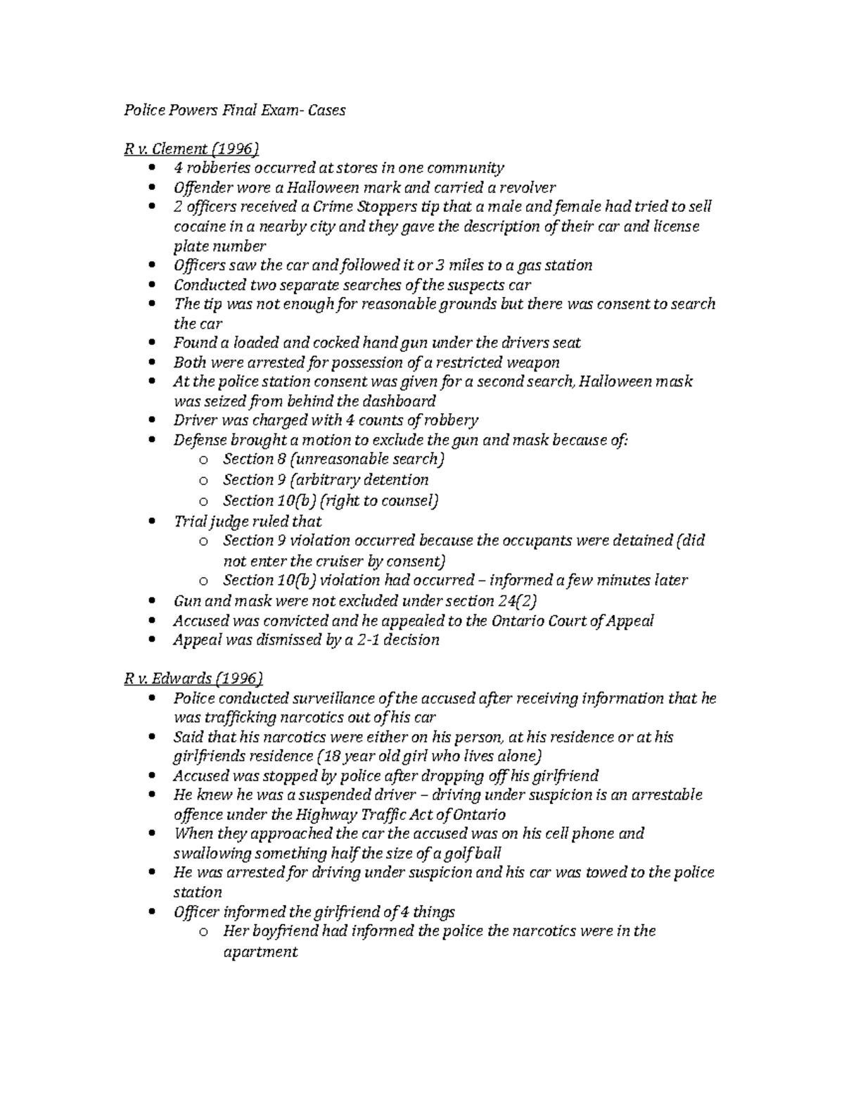 Police Powers Final Exam Review - Police Powers Final Cases R v