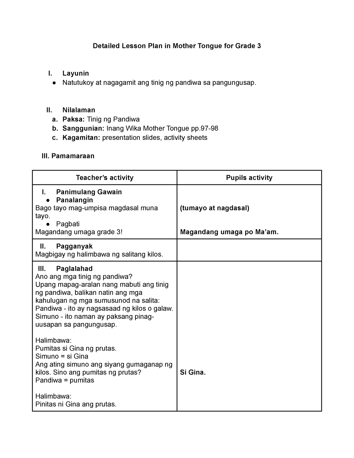 Mother Tongue 3 Aralin 3 - Detailed Lesson Plan In Mother Tongue For ...