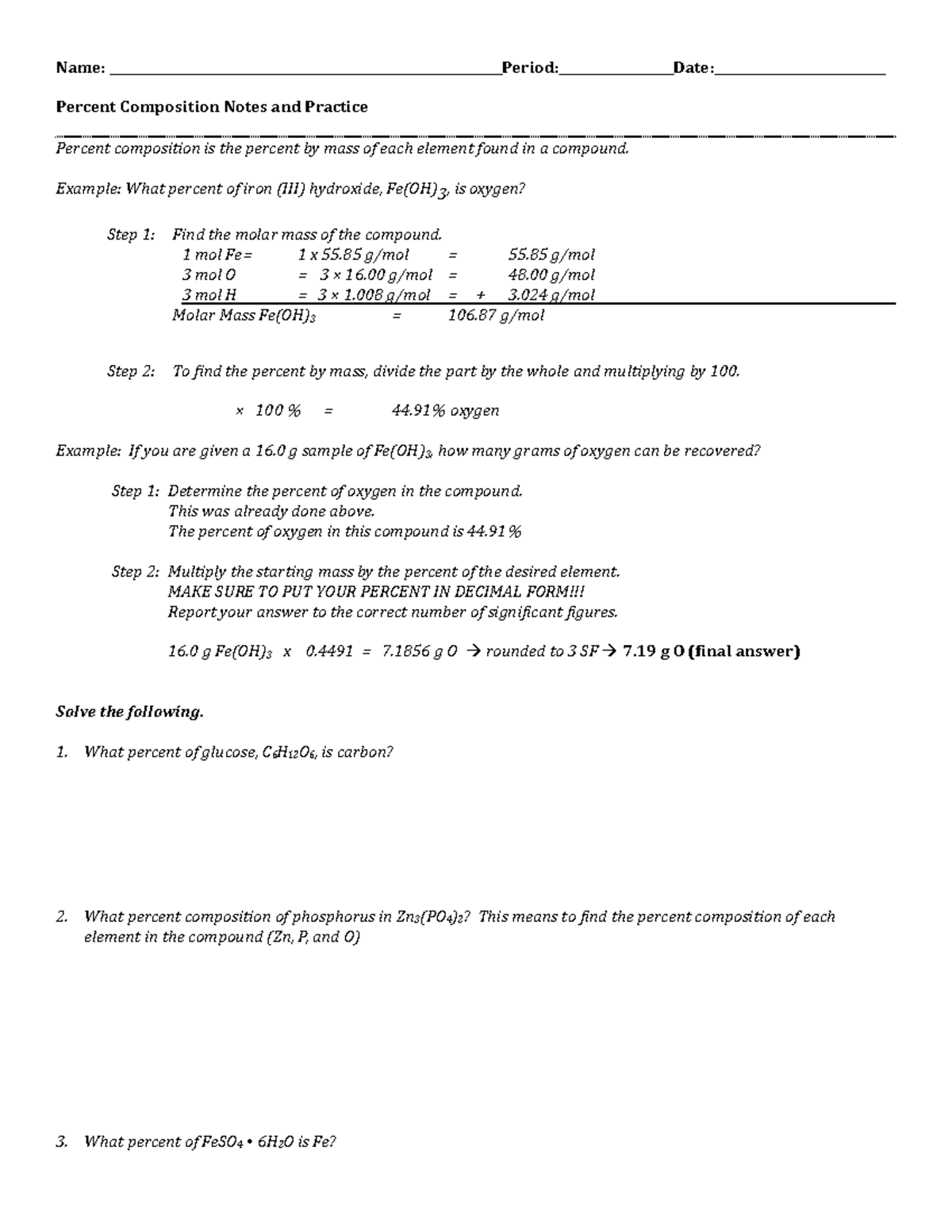 Molar Mass and Percent Composition Practice WS - Name: - Studocu