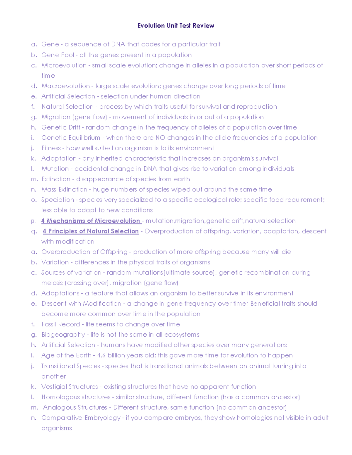 Copy of Evolution Unit Test Review - Evolution Unit Test Review a. Gene ...