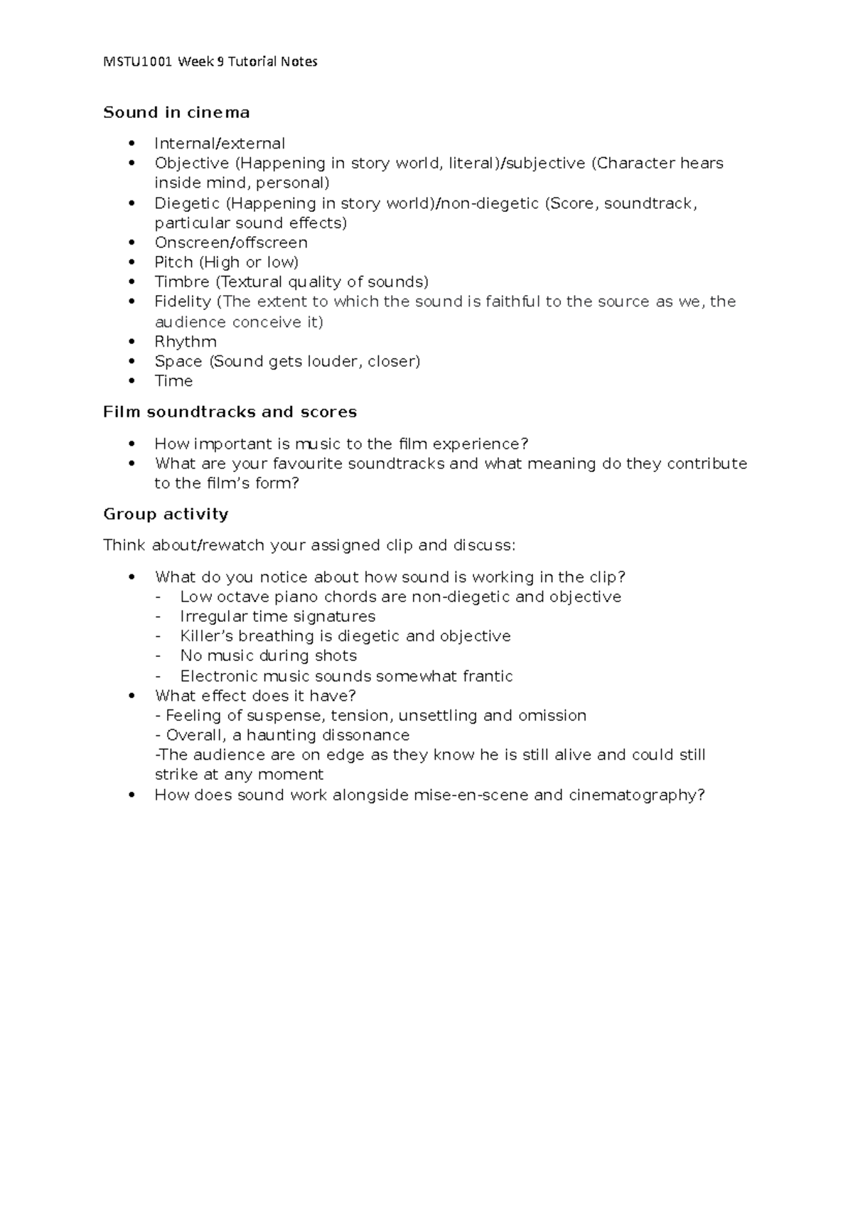 MSTU1001 Week 9 Tutorial Notes - MSTU1001 Week 9 Tutorial Notes Sound ...