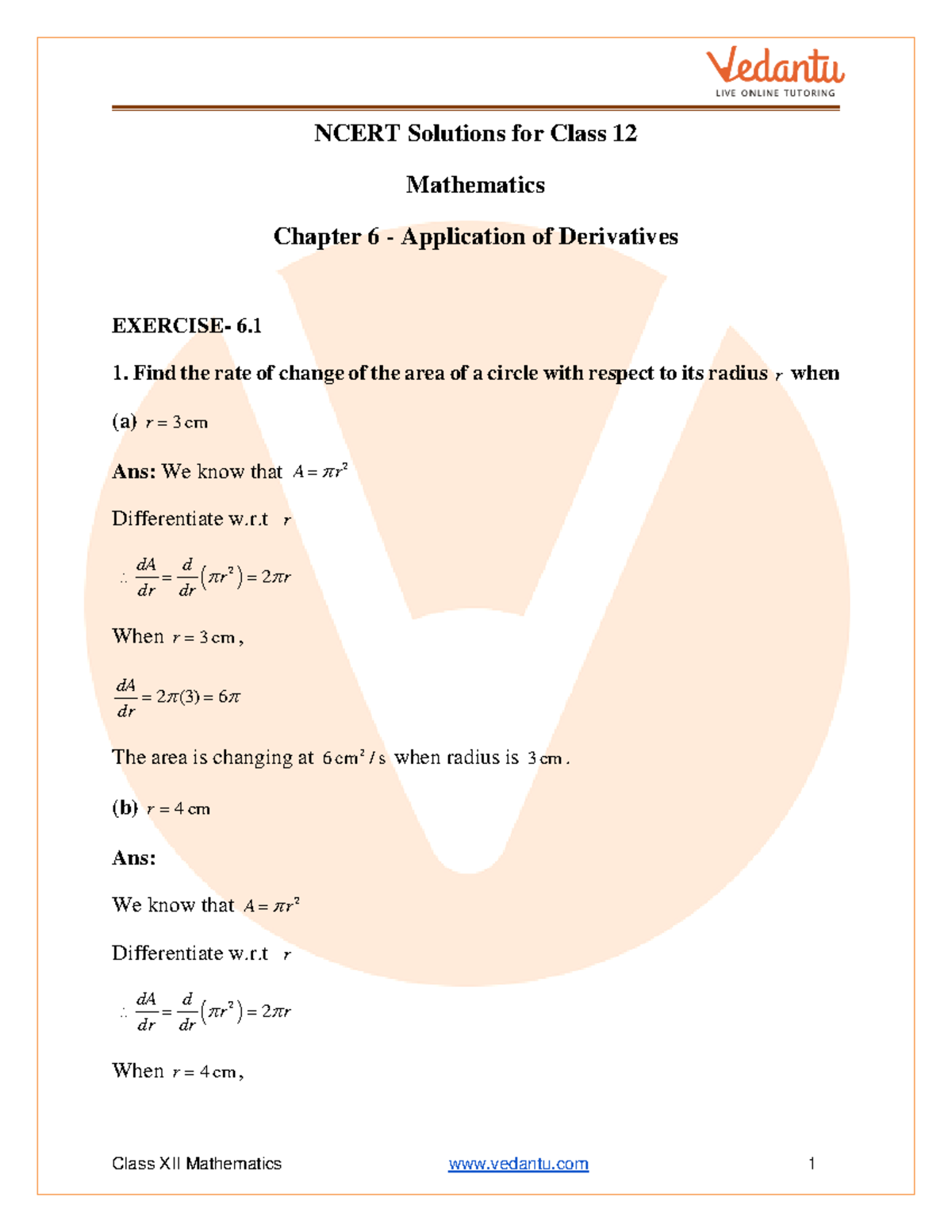 Ncert Solutions for Class 12 Maths Chapter 6 Application of Derivatives ...