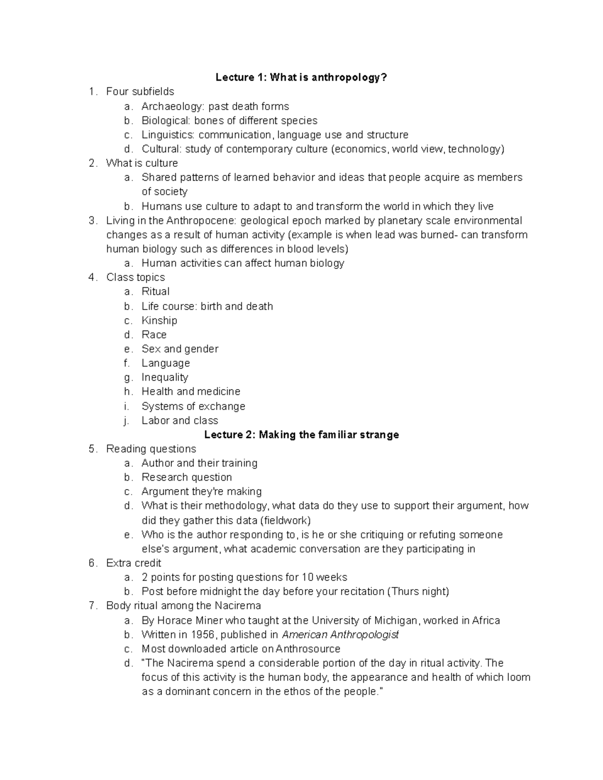 Anthro notes for whole year - Lecture 1: What is anthropology? Four ...