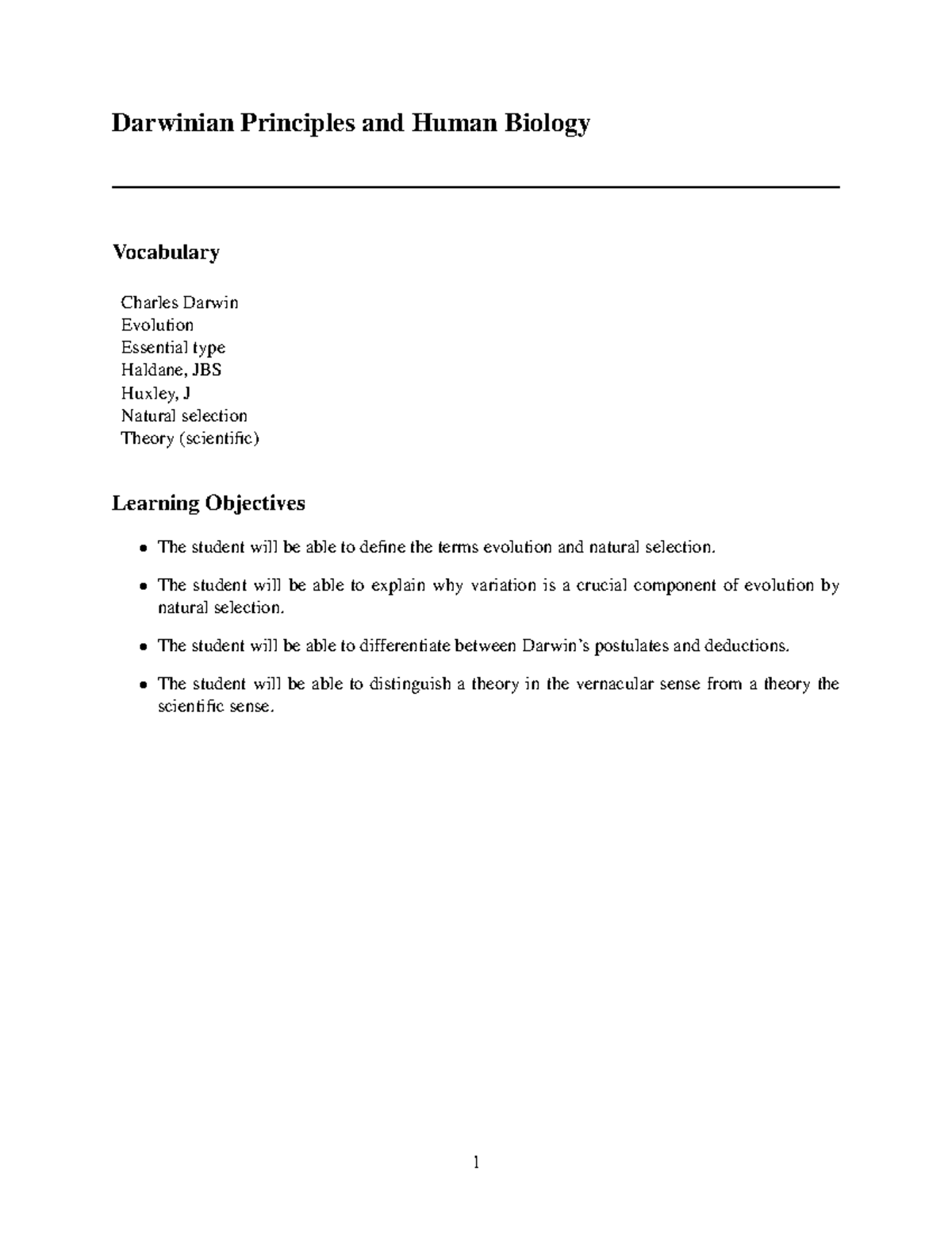Lecture 1 Darwinian Principles - Darwinian Principles and Human Biology ...