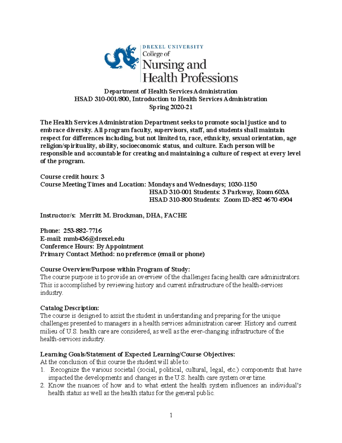 Syllabus-HSAD 310 Hy FLEX Spring 2020-21 - Department of Health ...