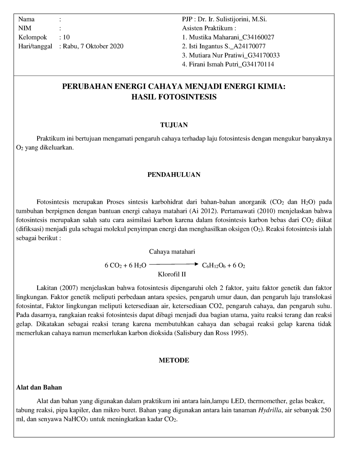 Laporan Praktikum Biologi Perubahan Energi Cahaya Menjadi Energi