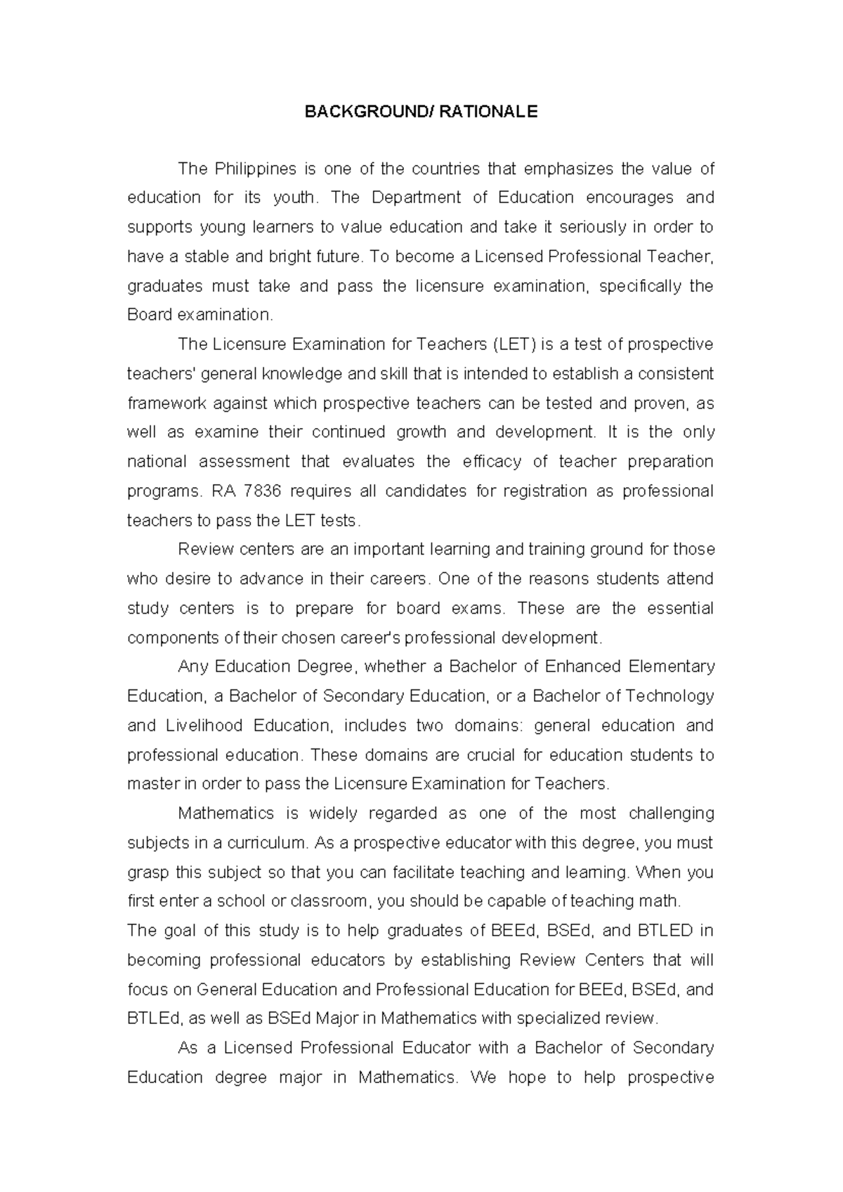 FS Draft 1 1234 - BACKGROUND/ RATIONALE The Philippines is one of the ...