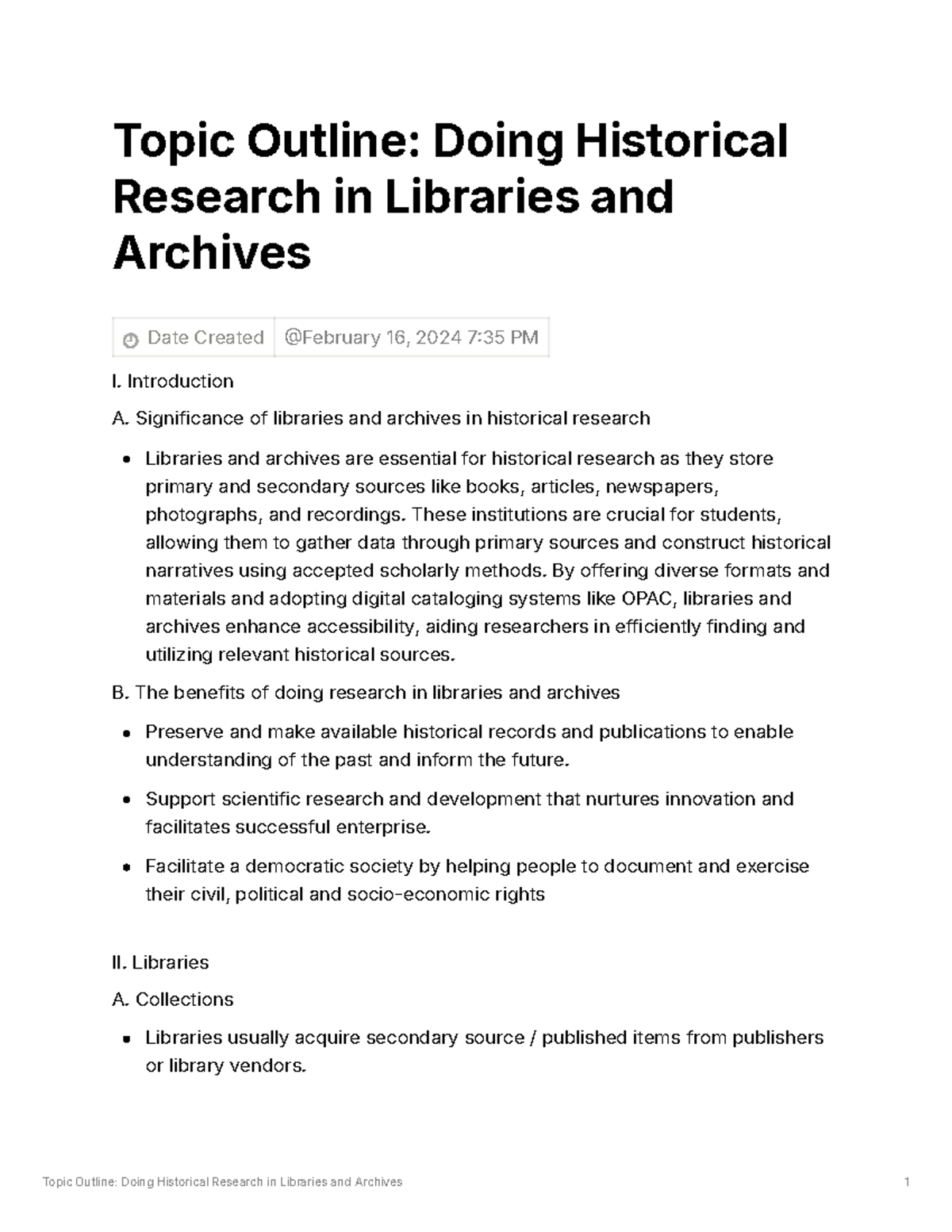 Doing Historical Research in Libraries and Archives - Topic Outline ...