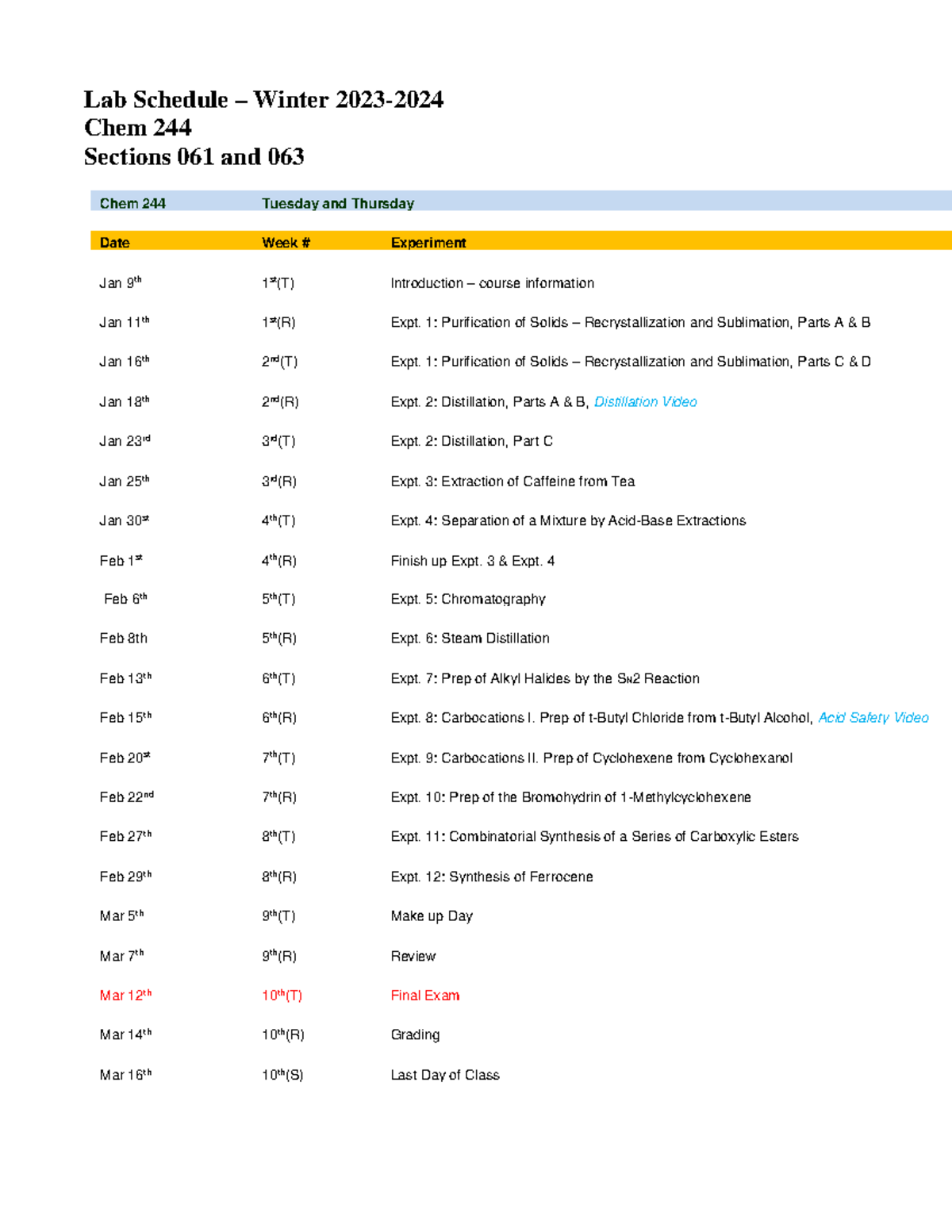 Chem 244-061 & 063 T-R Winter 2023-2024 schedule - Lab Schedule ...