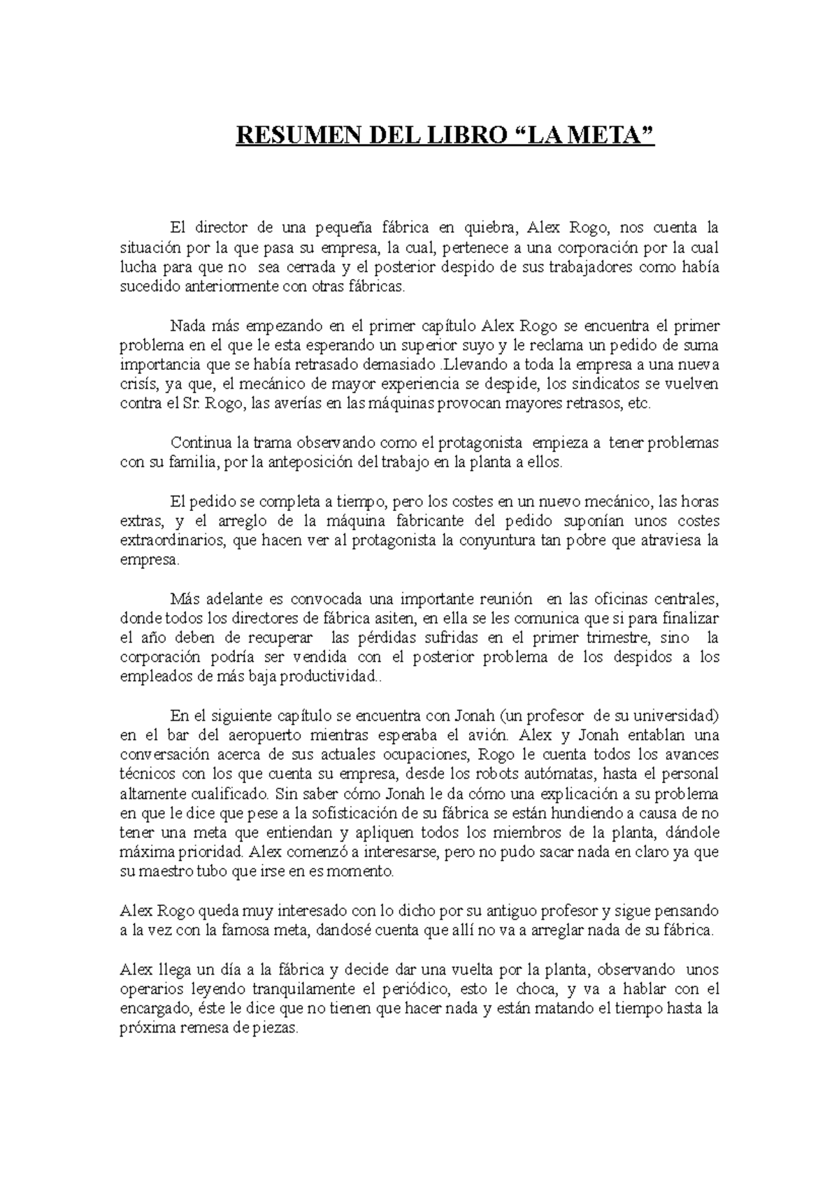 Resumen del libro ''La meta'' RESUMEN