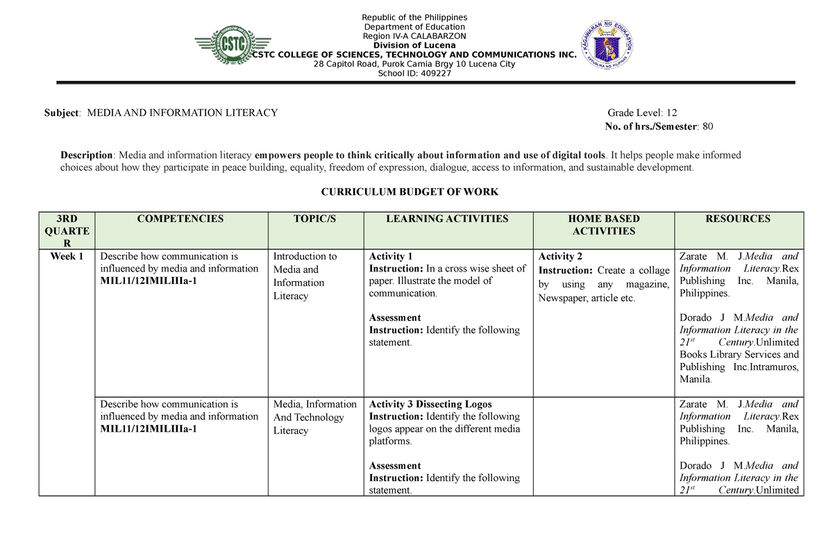 CBOW- MIL - Media and Information Literacy - Department of Education Region  IV-A CALABARZON Division - Studocu