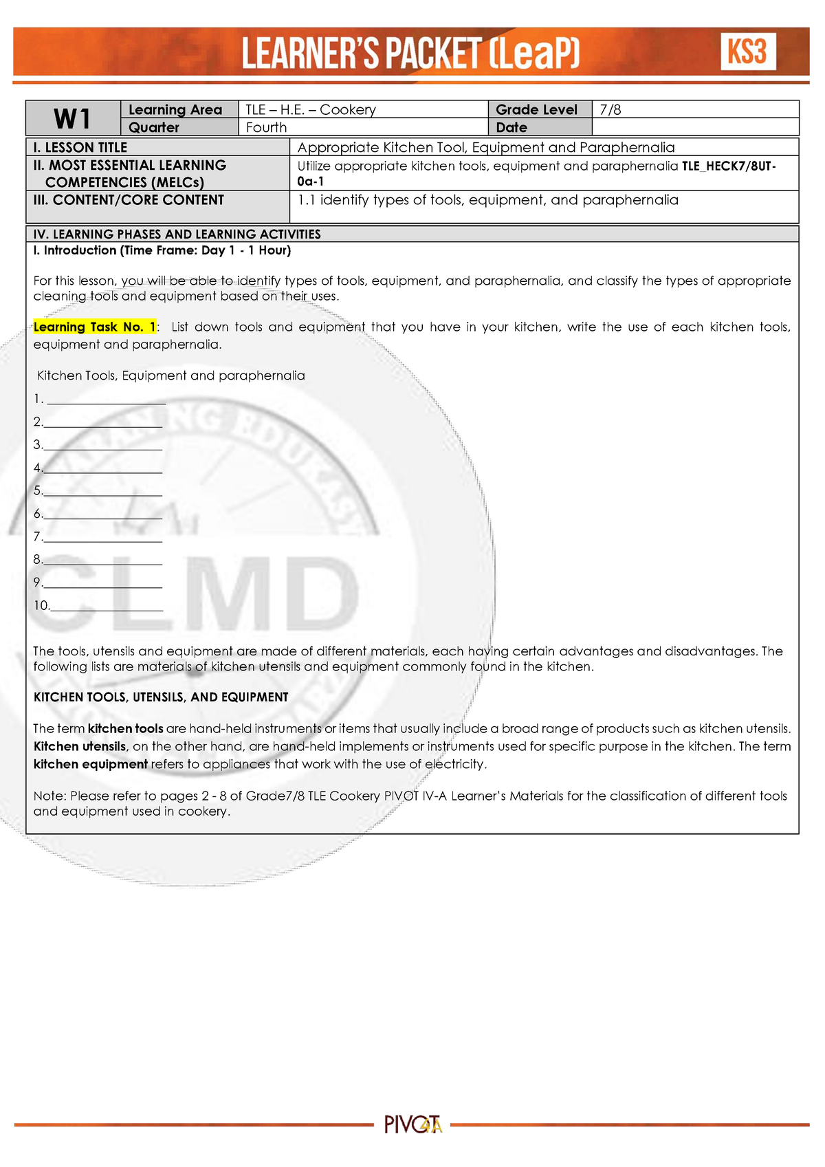 Q4-HE-Cookery-7 8-Week1 - W Learning Area TLE – H. – Cookery Grade ...