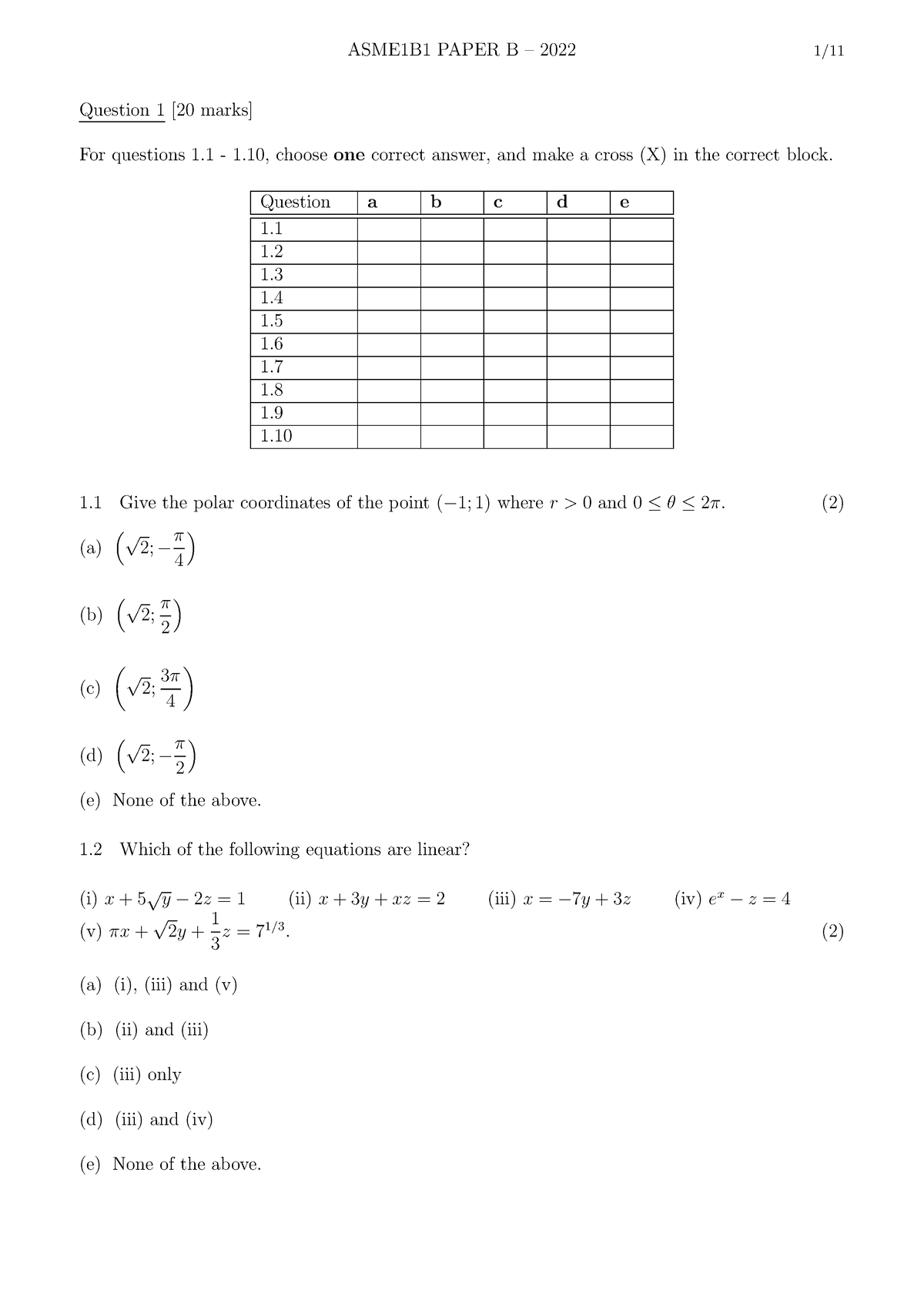 ASME1B1 - Exam paper - Question 1 [20 marks] For questions 1 - 1 ...