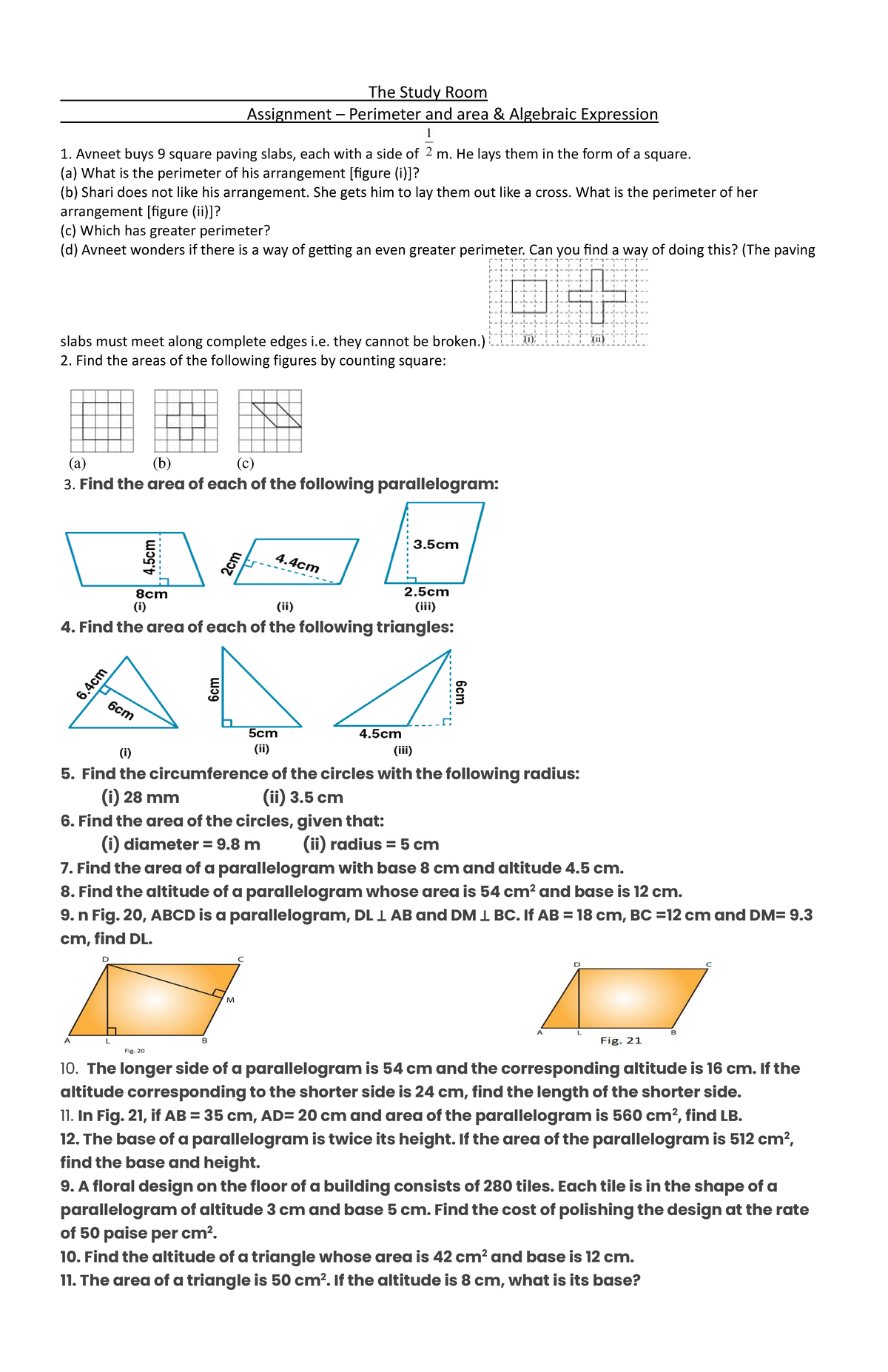 Maths class 7 area and perimeter - The Study Room Assignment ...