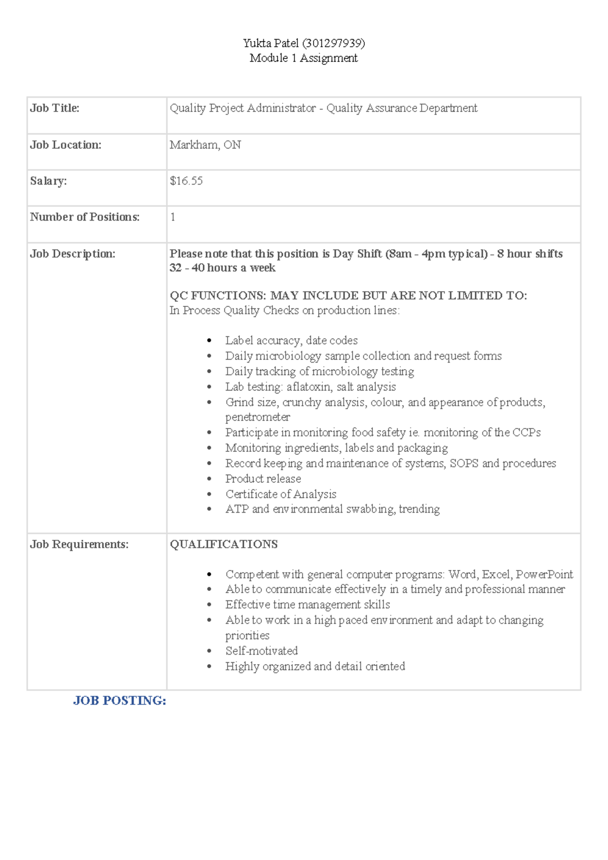 Module 1 Assignment - Module 1 Assignment Job Title: Quality Project ...