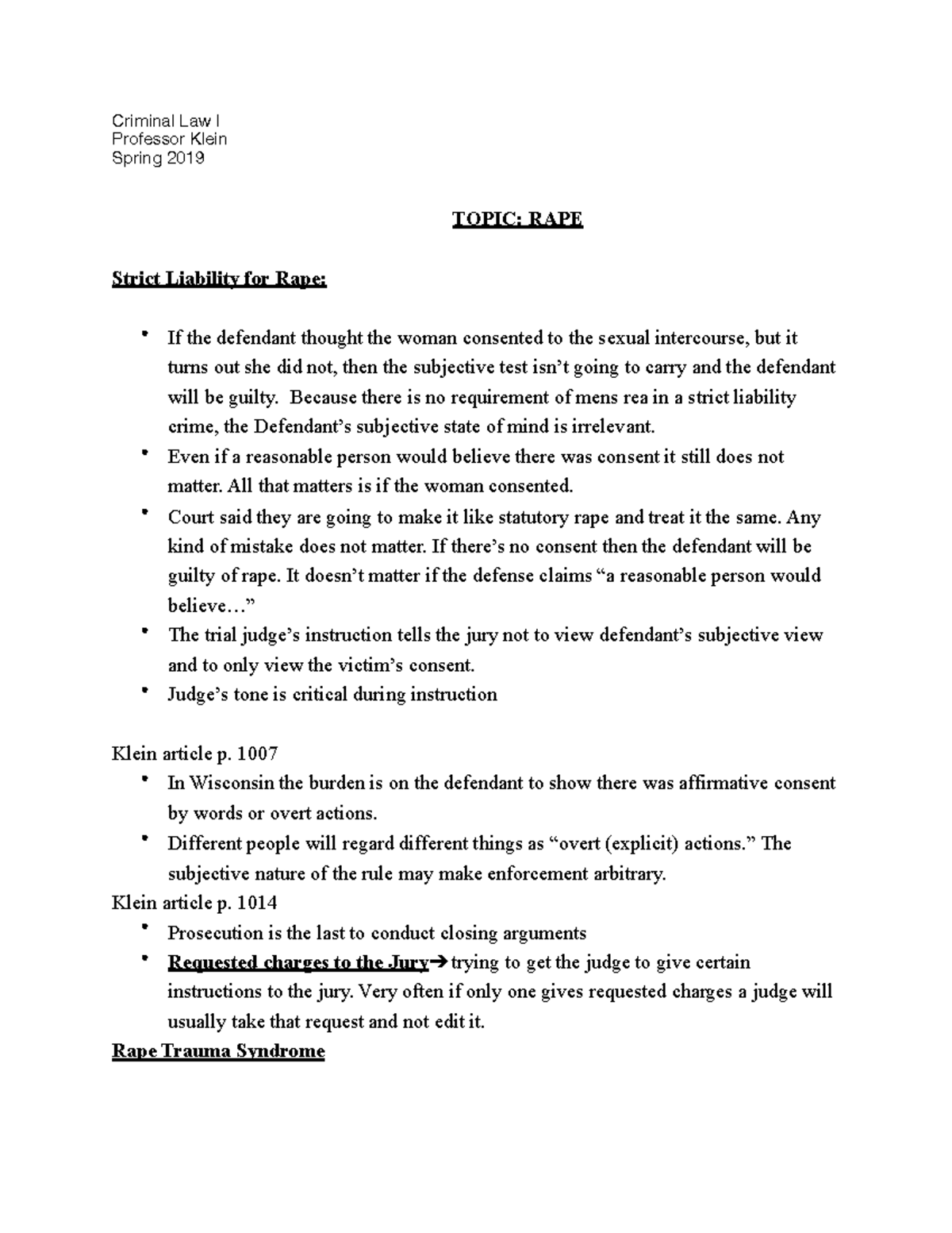 Strict Liability for Rape - Criminal Law I Professor Klein Spring 2019 ...