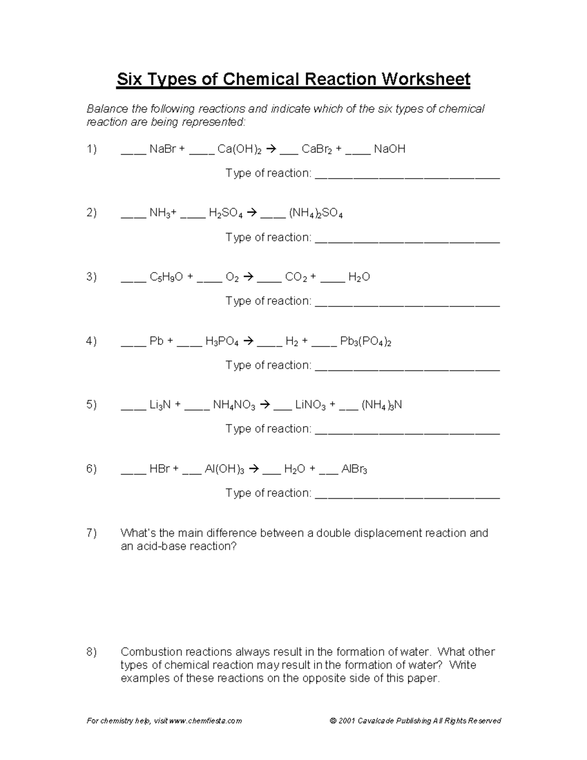 Six types of reactions worksheet - For chemistry help, visit chemfiesta ...