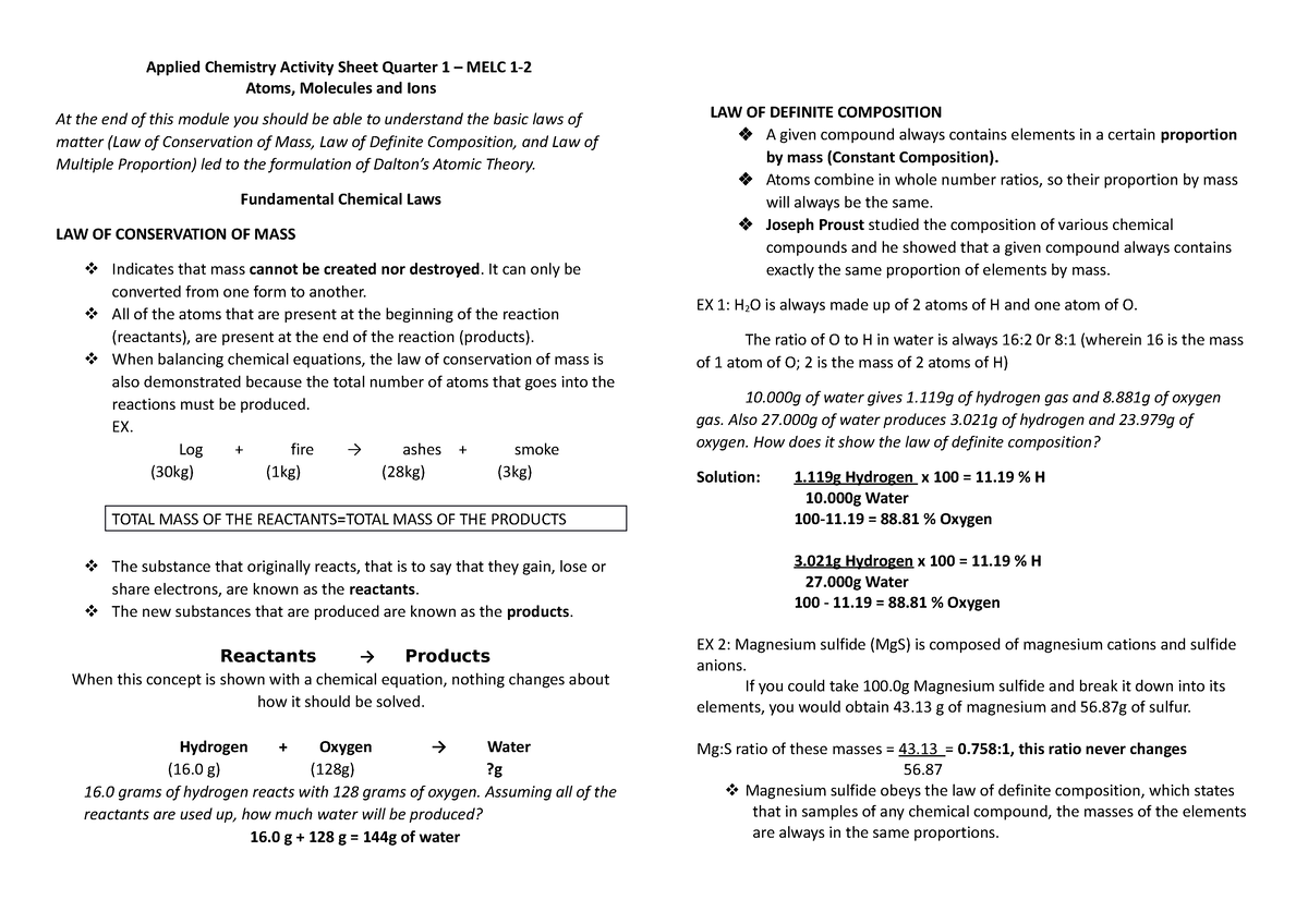 Fundamental chemical laws - Applied Chemistry Activity Sheet Quarter 1 ...