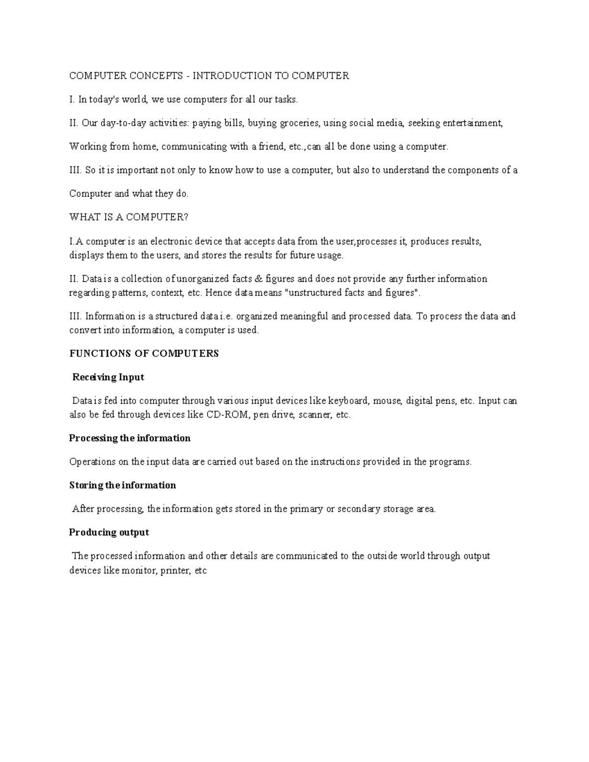 Computer Concepts - COMPUTER CONCEPTS - INTRODUCTION TO COMPUTER I. In ...