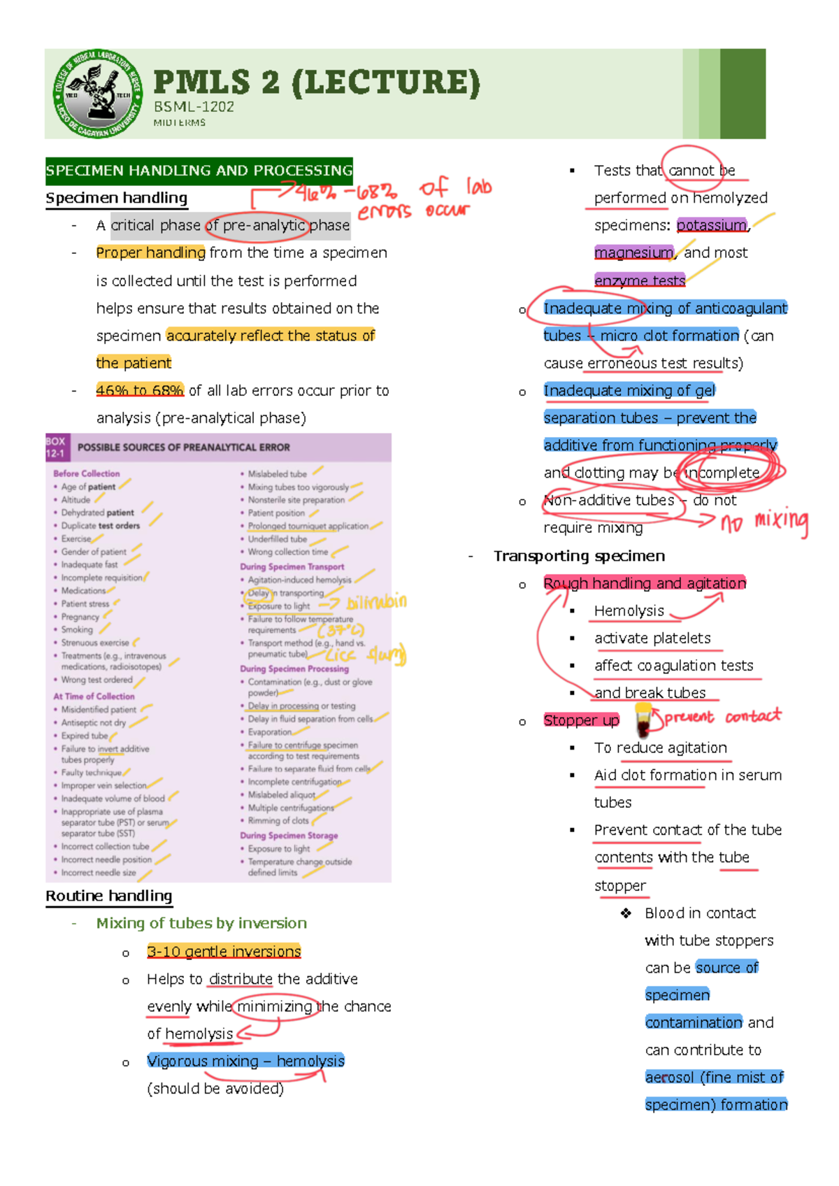 Specimen Handling AND Processing - BSML- 1202 MIDTERMS SPECIMEN ...