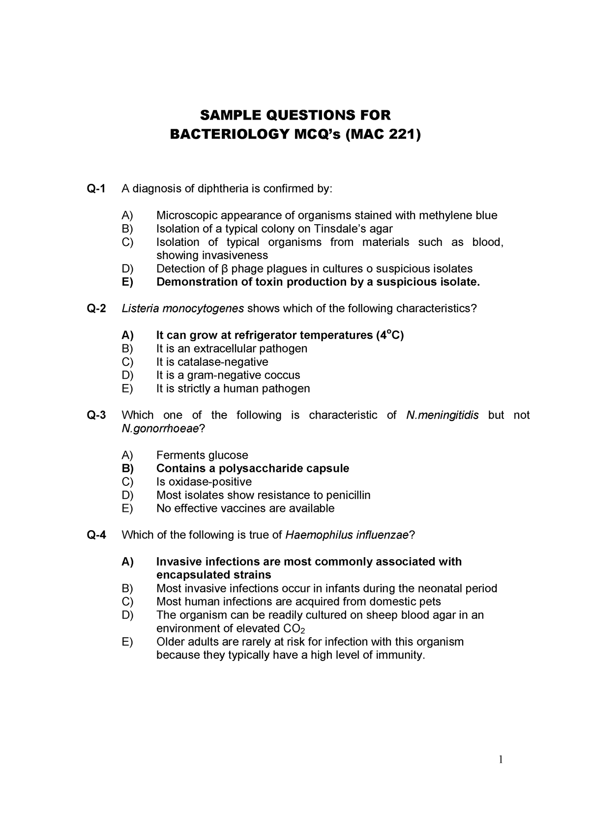 Sample MCQ's Of Bacteriology (MAC 221) - - Studocu