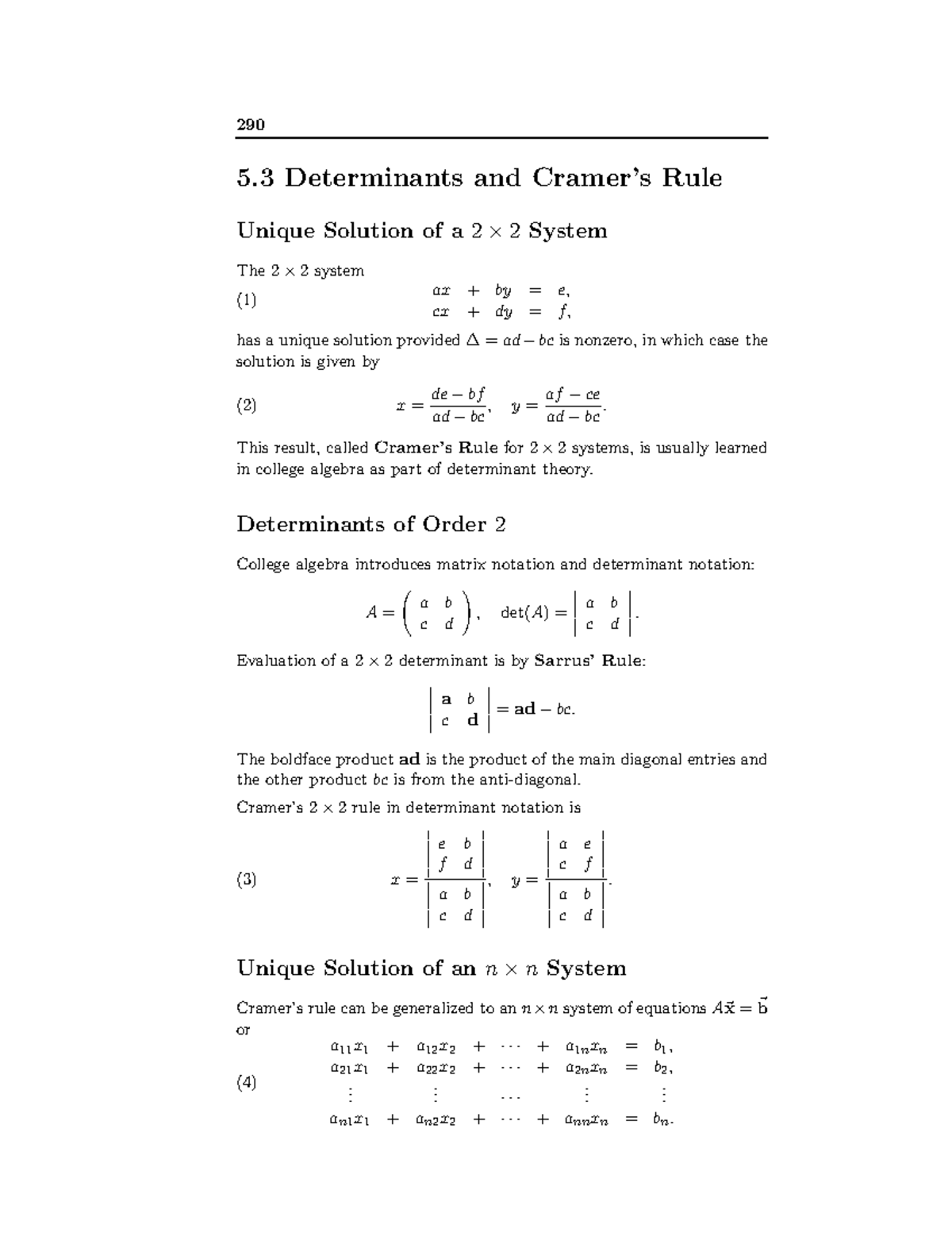 Cramers rule 290 5 Determinants and Cramer’s Rule Unique Solution of