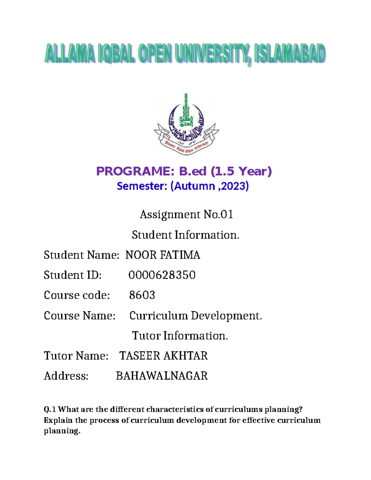 Assignment No 8603 - PROGRAME: B ( 1 .5 Year) Semester: (Autumn ,2023 ...