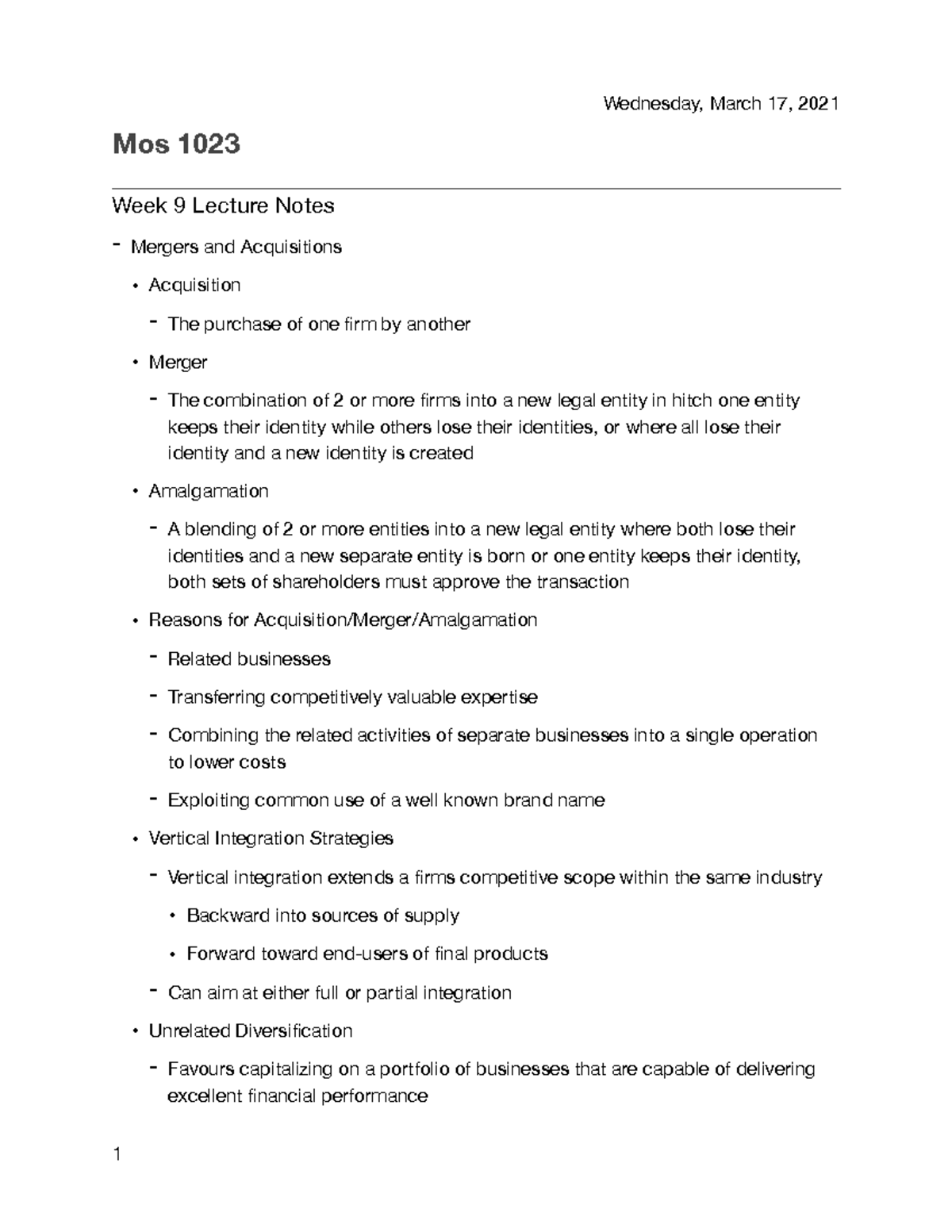Mos1023 Week 9 Lecture PDF - Mos 1023 Week 9 Lecture Notes - Mergers ...