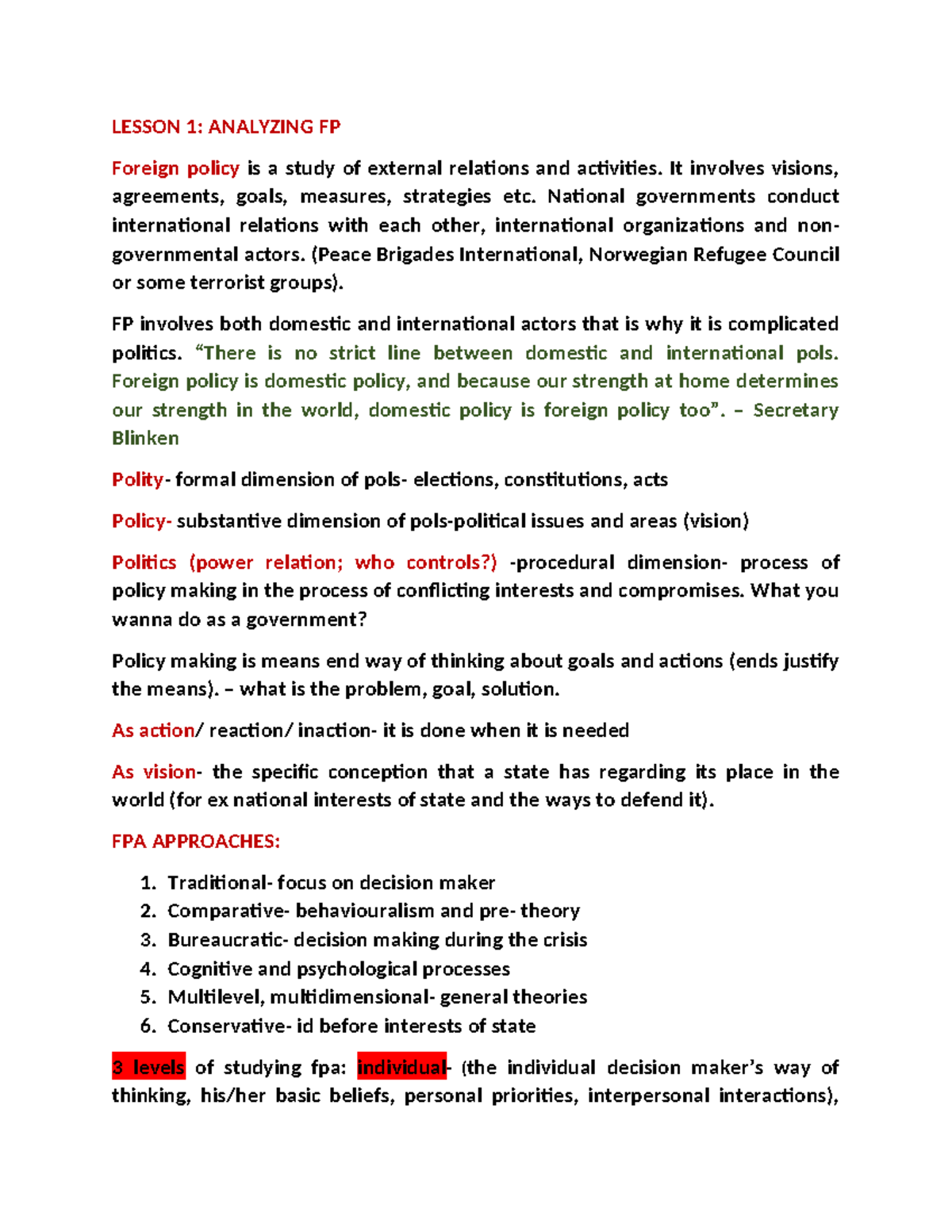 FPA L 1, 2, 3 - Week 1-3 - LESSON 1: ANALYZING FP Foreign policy is a ...