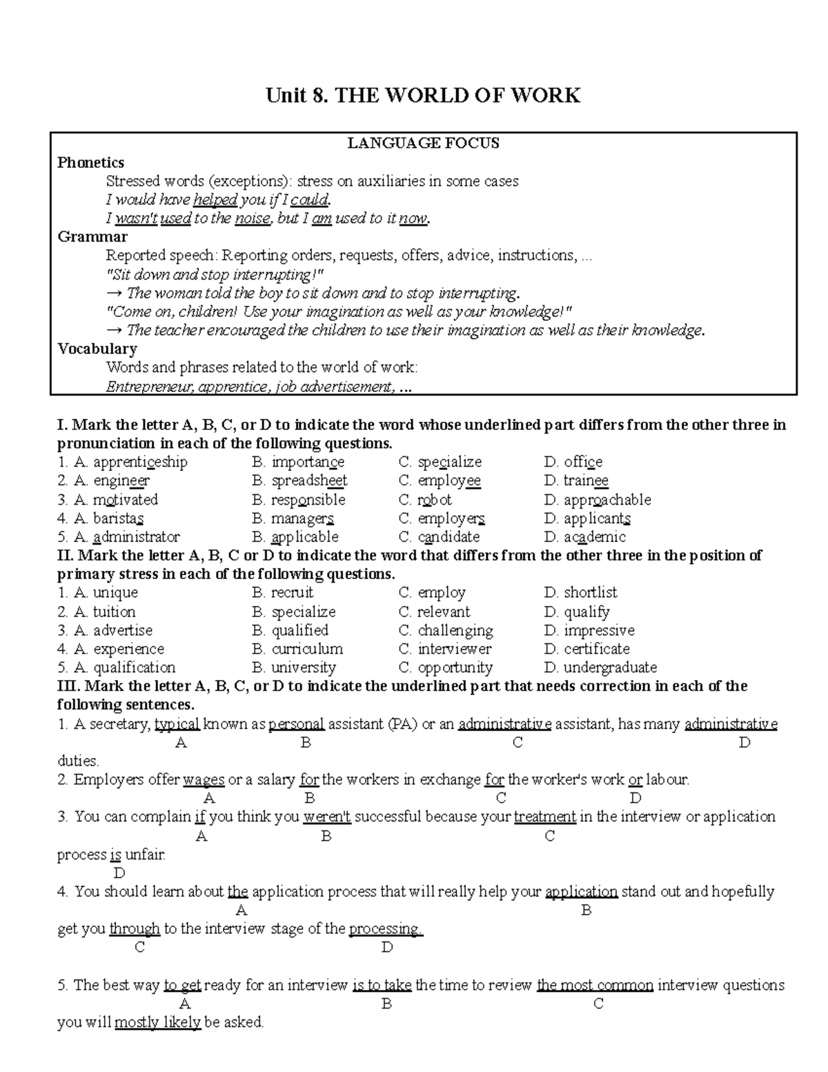 Tieng anh 12 UNIT 8 THE World OF WORK Unit 8. THE WORLD OF WORK