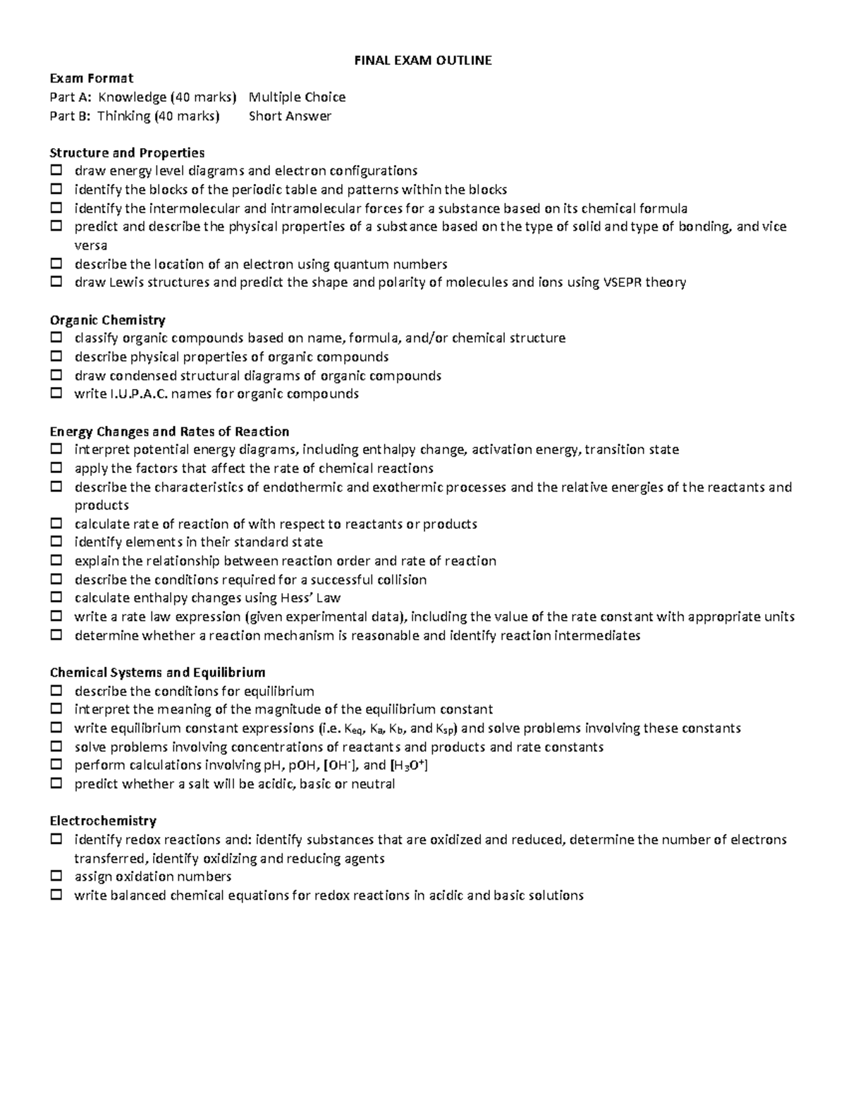 Final Exam Outline - FINAL EXAM OUTLINE Exam Format Part A: Knowledge ...