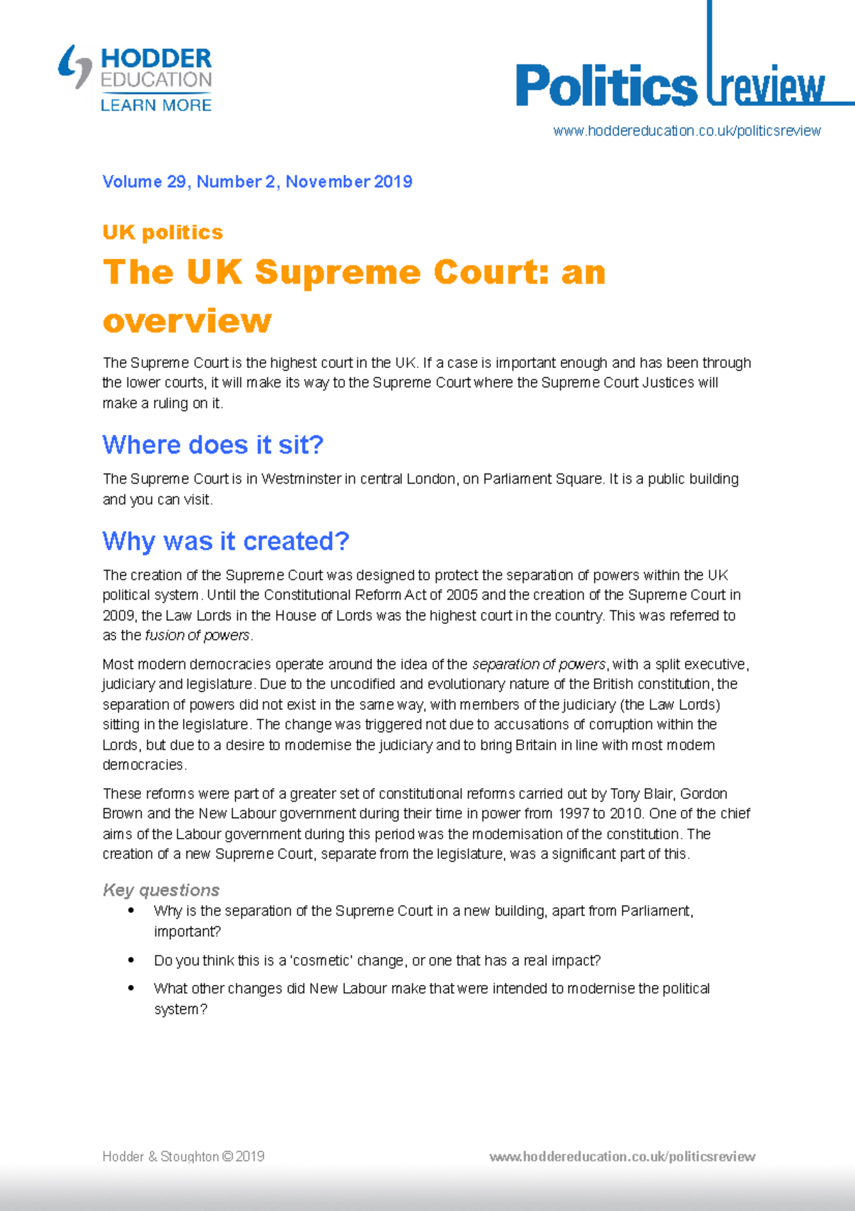 Politics Review 29 2 UK Supreme Court - Volume 29, Number 2, November ...