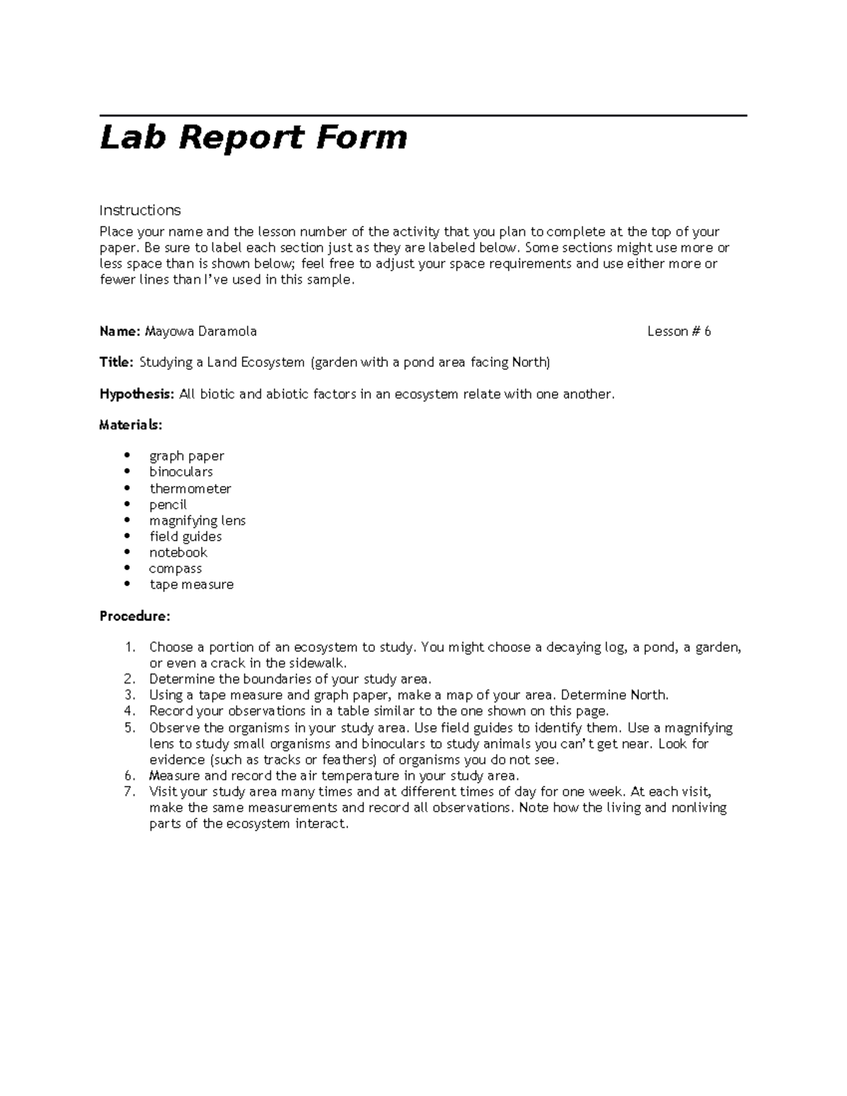 Mayowa Daramola SCI8A Lesson 6 Ecosystems Lab Report - Lab Report Form ...