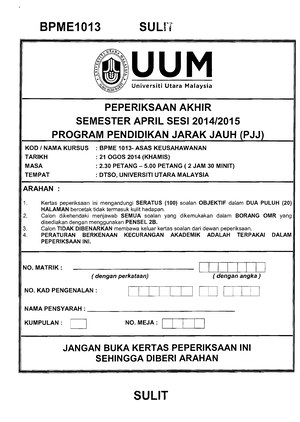 BPME1013 Julai 2014 2015 - Asas Keusahawanan - Studocu