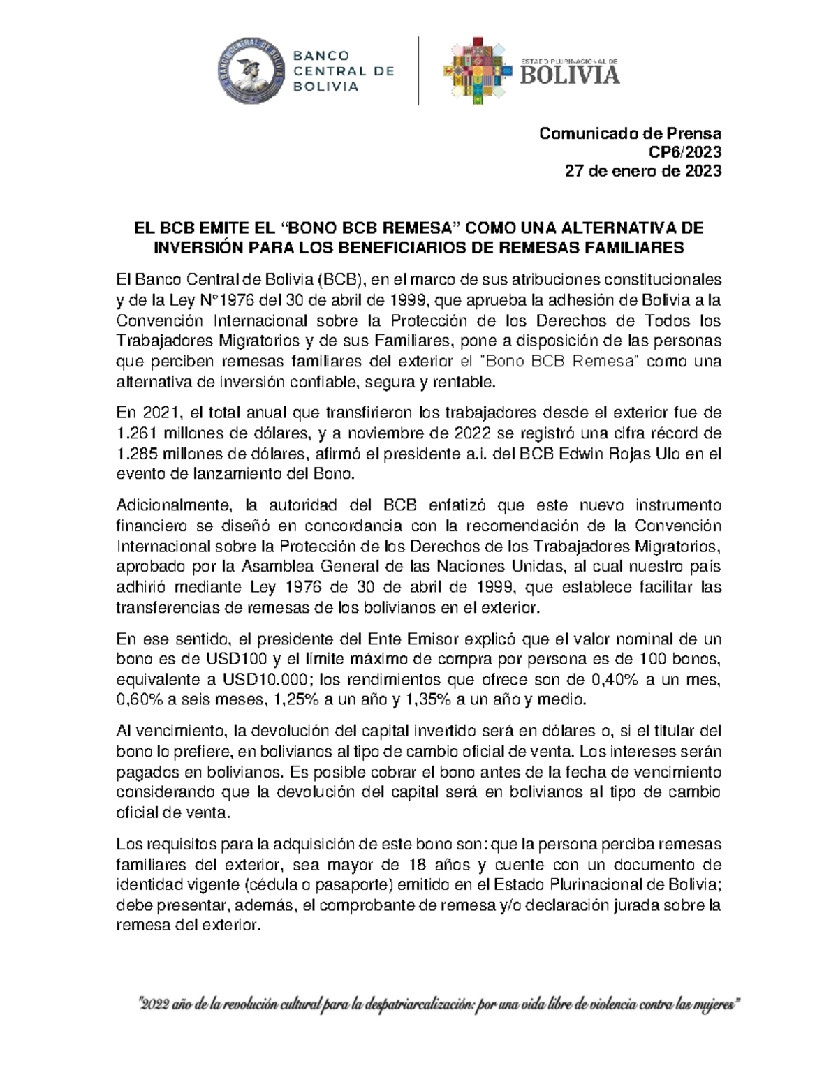 CP 6 Bono BCBRemesa - Bono Remesa - Comunicado De Prensa CP6/ 27 De ...