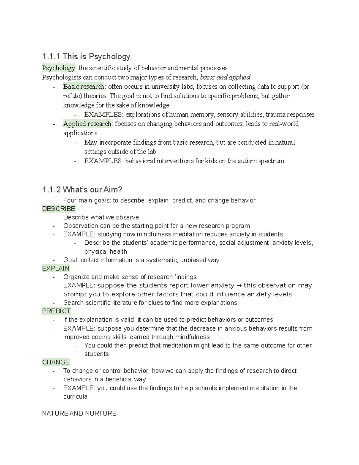PSY101 Ch. 1 Notes - 1.1 This is Psychology Psychology: the scientific ...