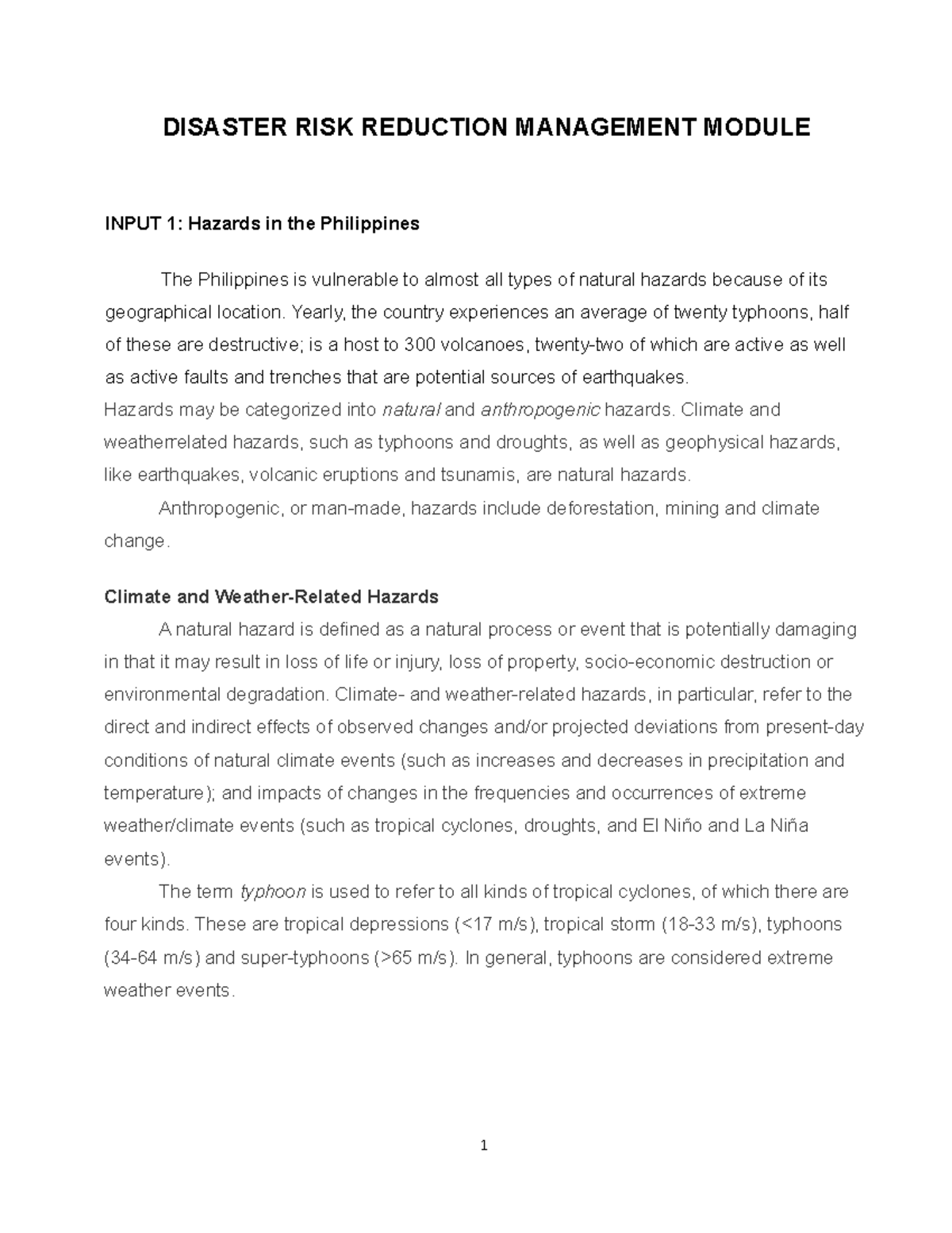 DRRM Module - DISASTER RISK REDUCTION MANAGEMENT MODULE INPUT 1 ...