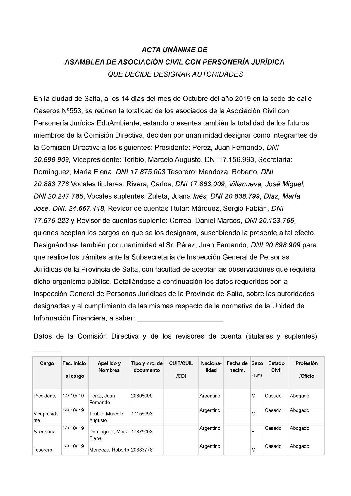 Modelo Acta Unánime De Designación De Autoridades Asociación Civil Acta UnÁnime De 9262