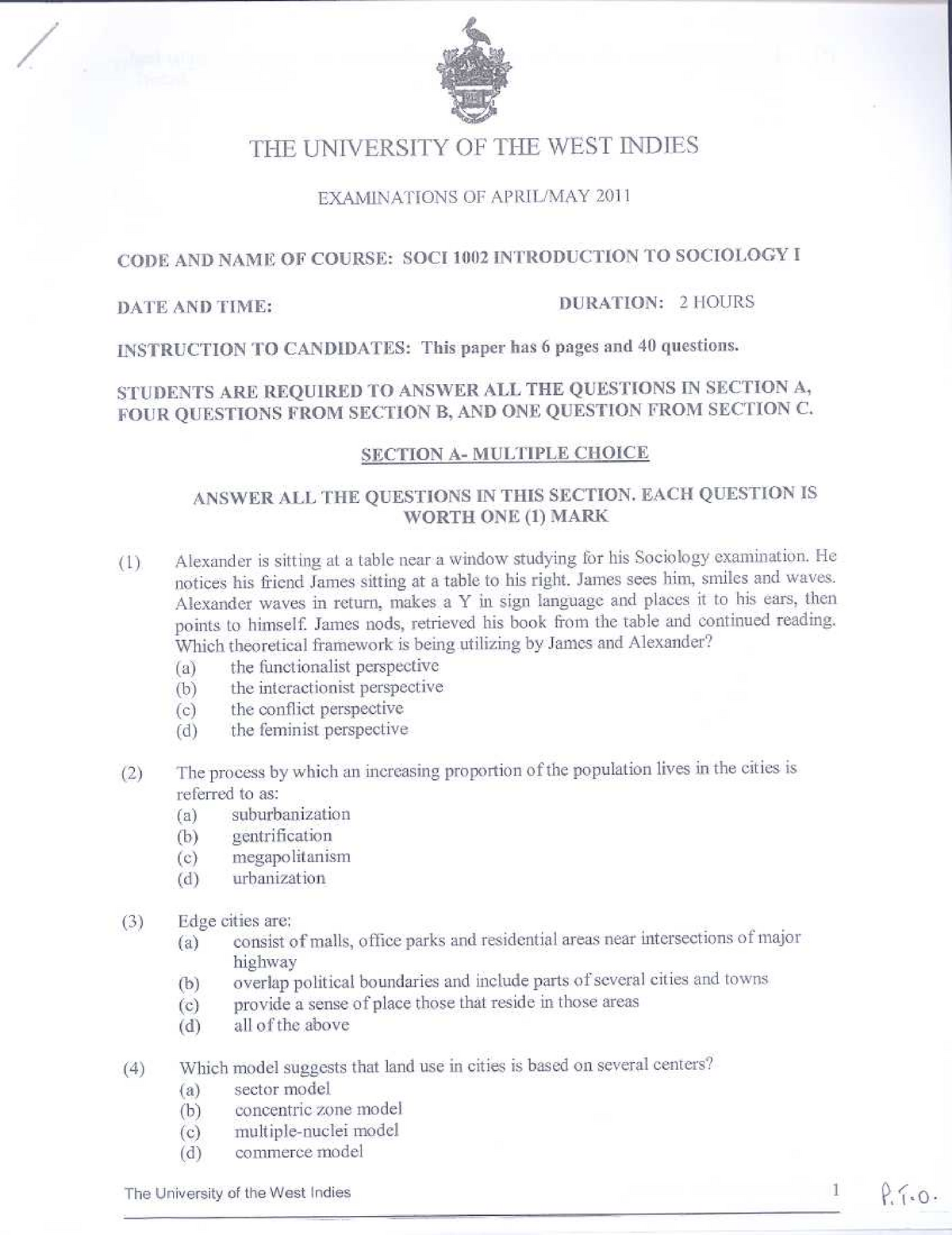 Introduction To Sociology Past Paper Multiple Choice Questions UWI 